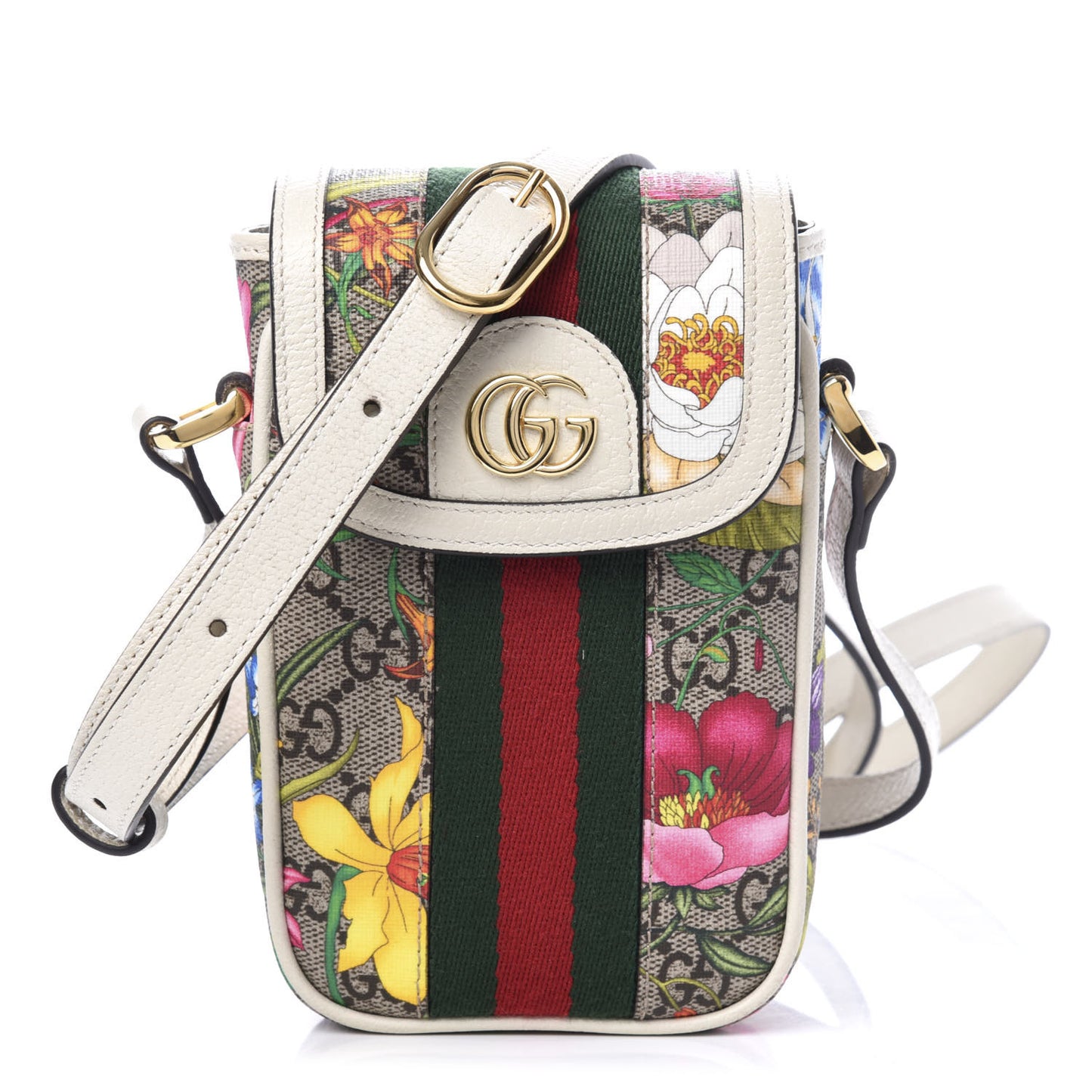 GG Supreme Monogram Flora Web Ophidia Phone Crossbody Bag White