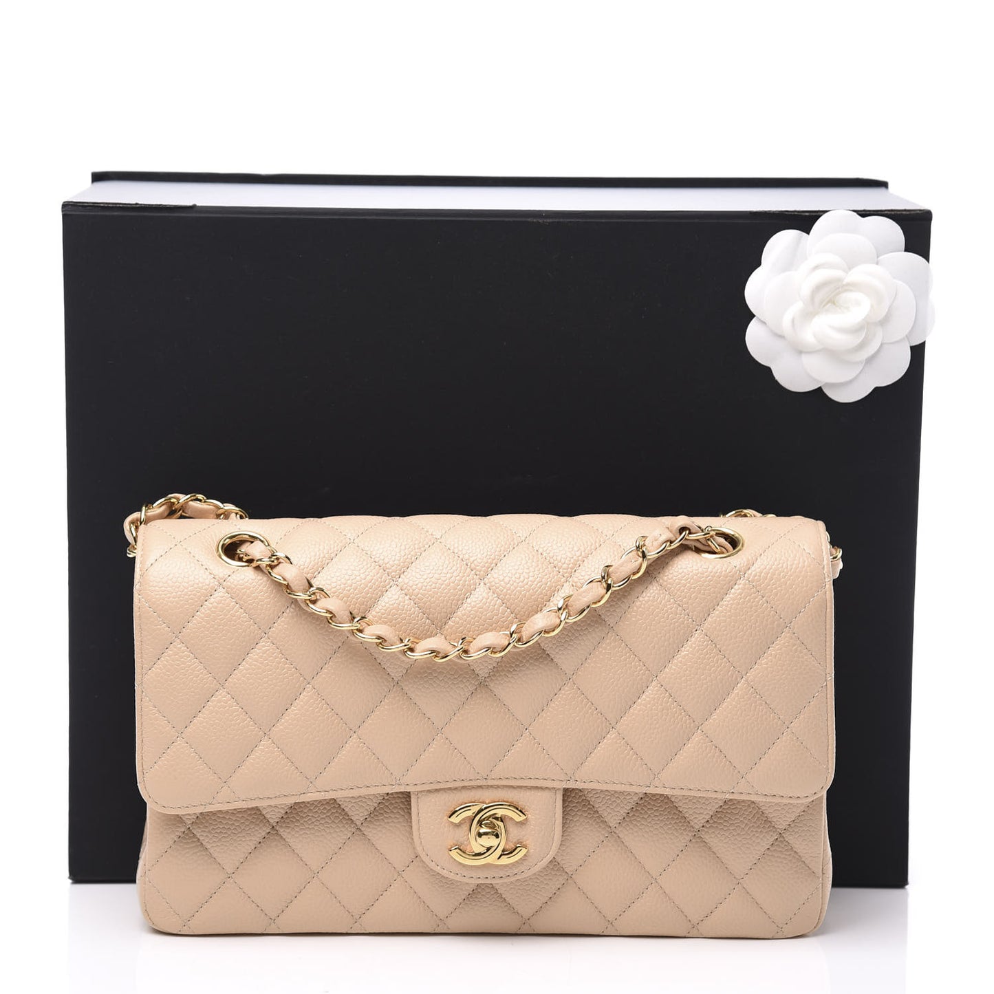 Caviar Quilted Medium Double Flap Beige Clair