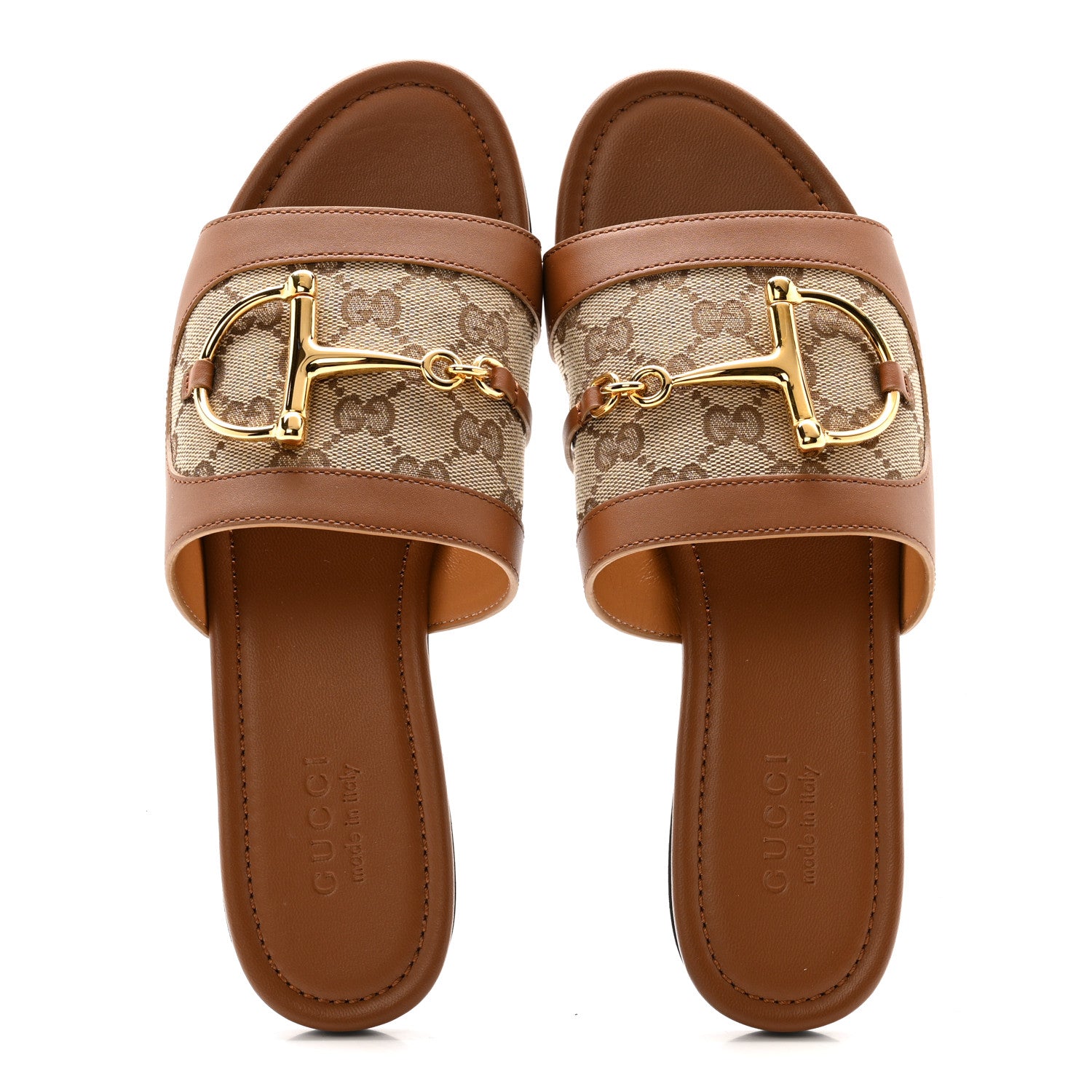Gucci Calfskin Monogram Horsebit Womens Slide Sandals 39 Beige
