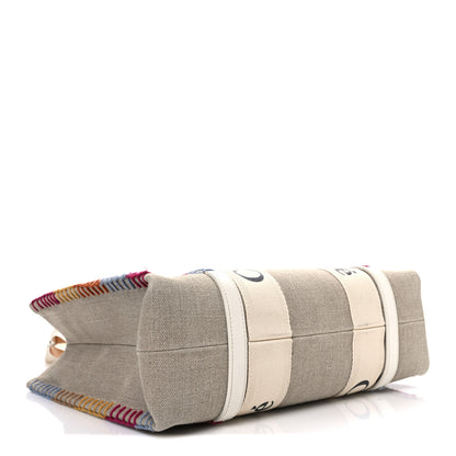 Chloe Linen Canvas Calfskin Blanket Stitched Medium Woody Ribbon Tote White Multicolor 4 of 12