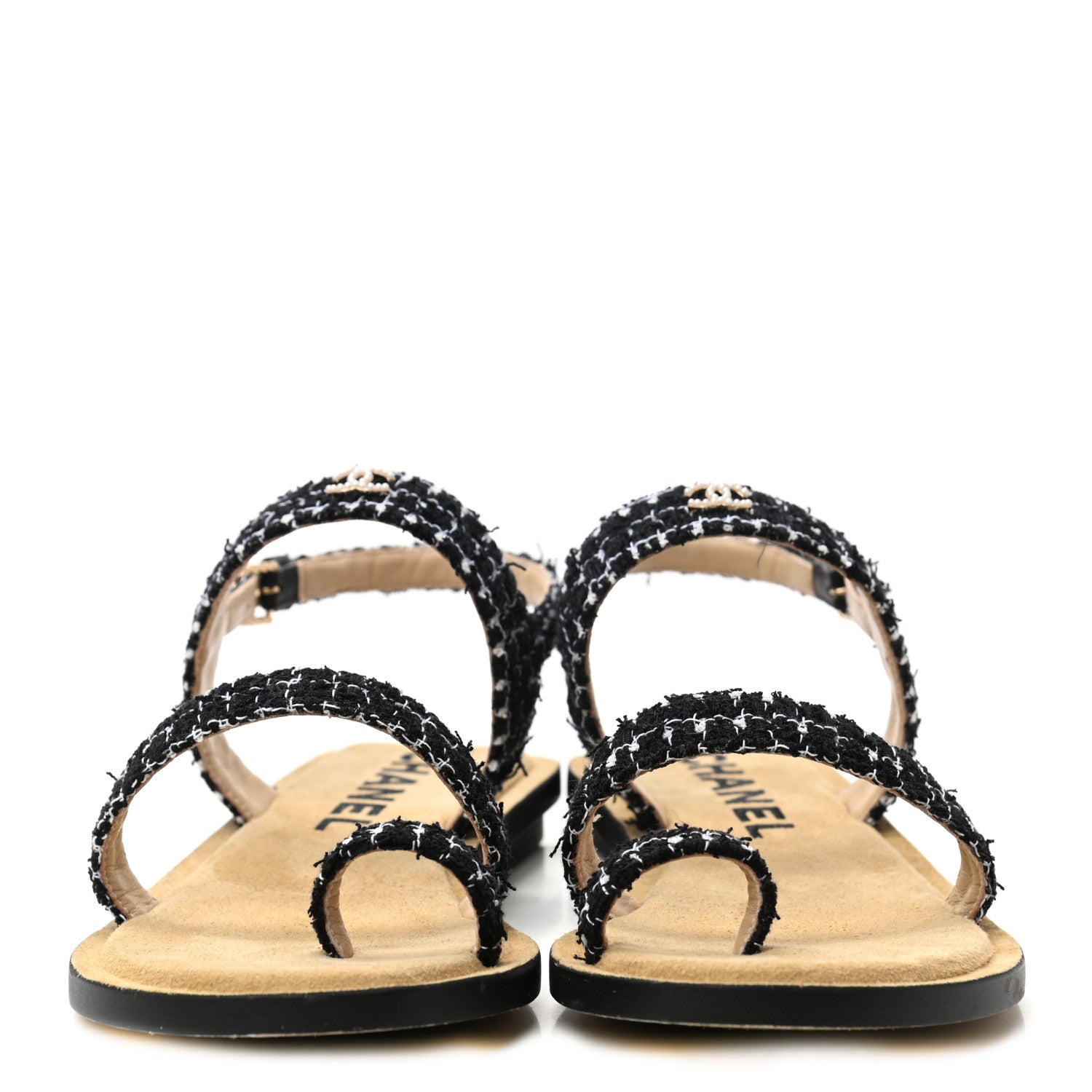Chanel Tweed CC Sandals 38 Black White 2 of 11