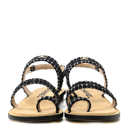 Chanel Tweed CC Sandals 38 Black White 2 of 11