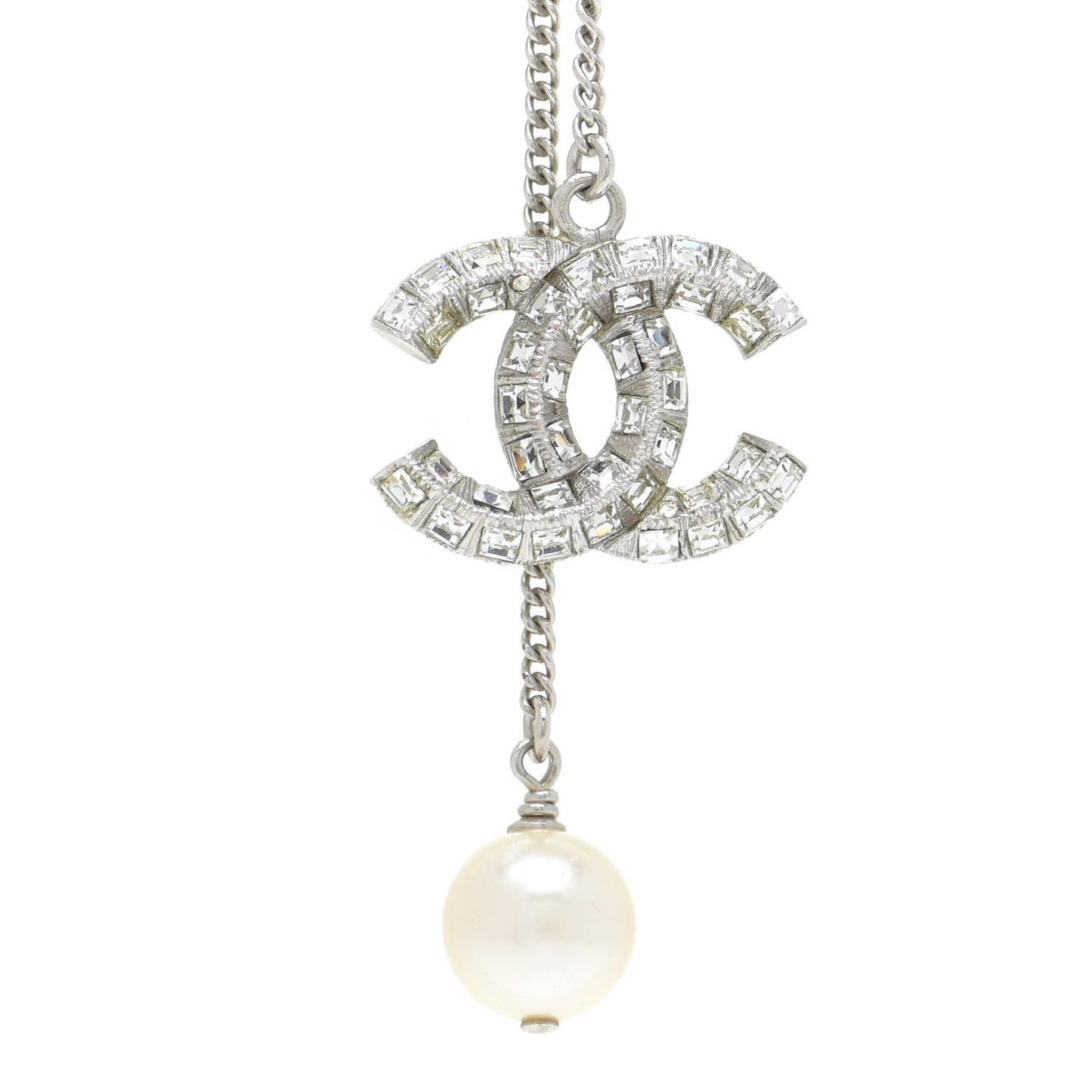 Baguette Crystal Pearl CC Lariat Necklace Silver