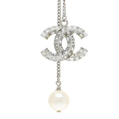 Chanel Baguette Crystal Pearl CC Lariat Necklace Silver 4 of 6