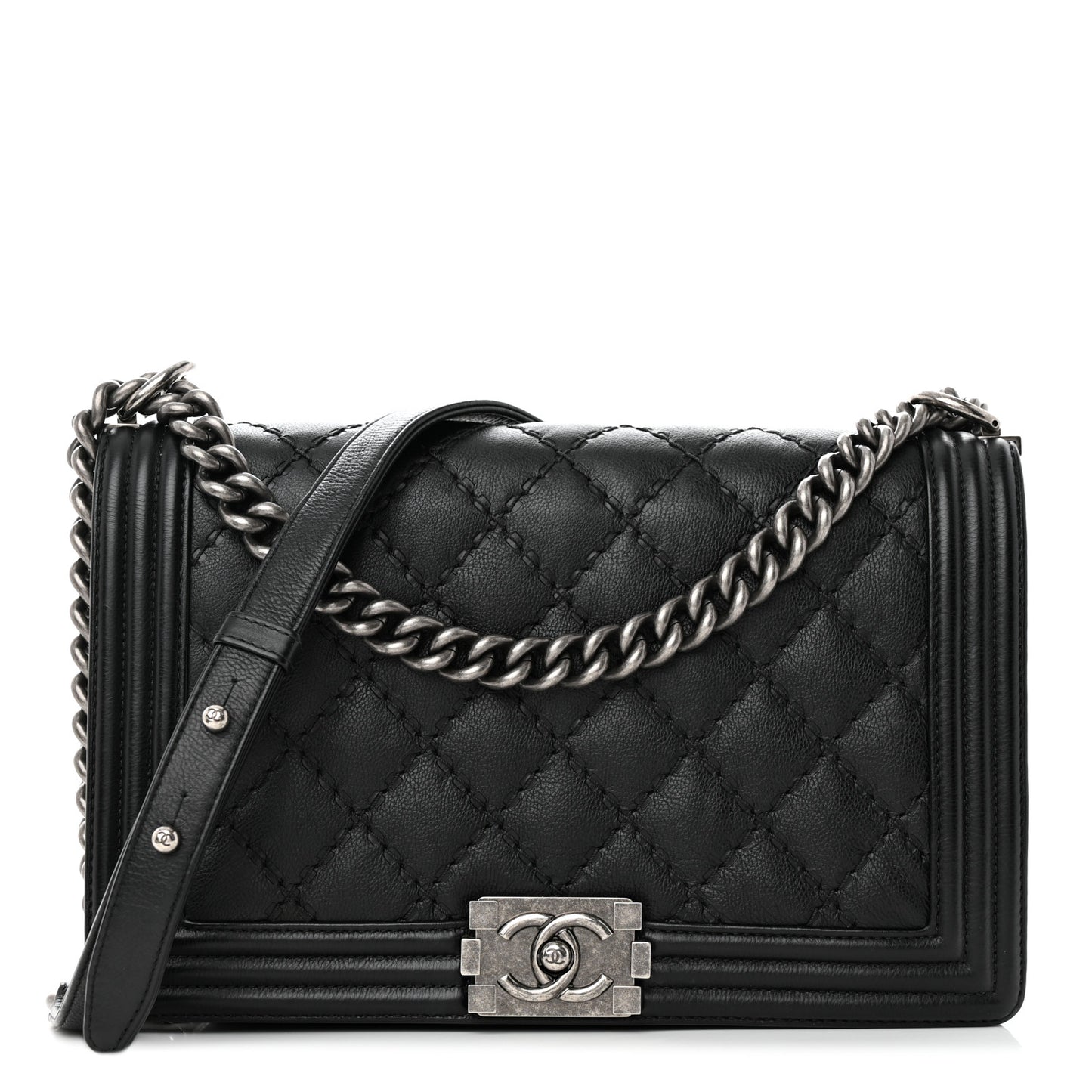 Calfskin Quilted Double Stitch New Medium Boy Flap Black