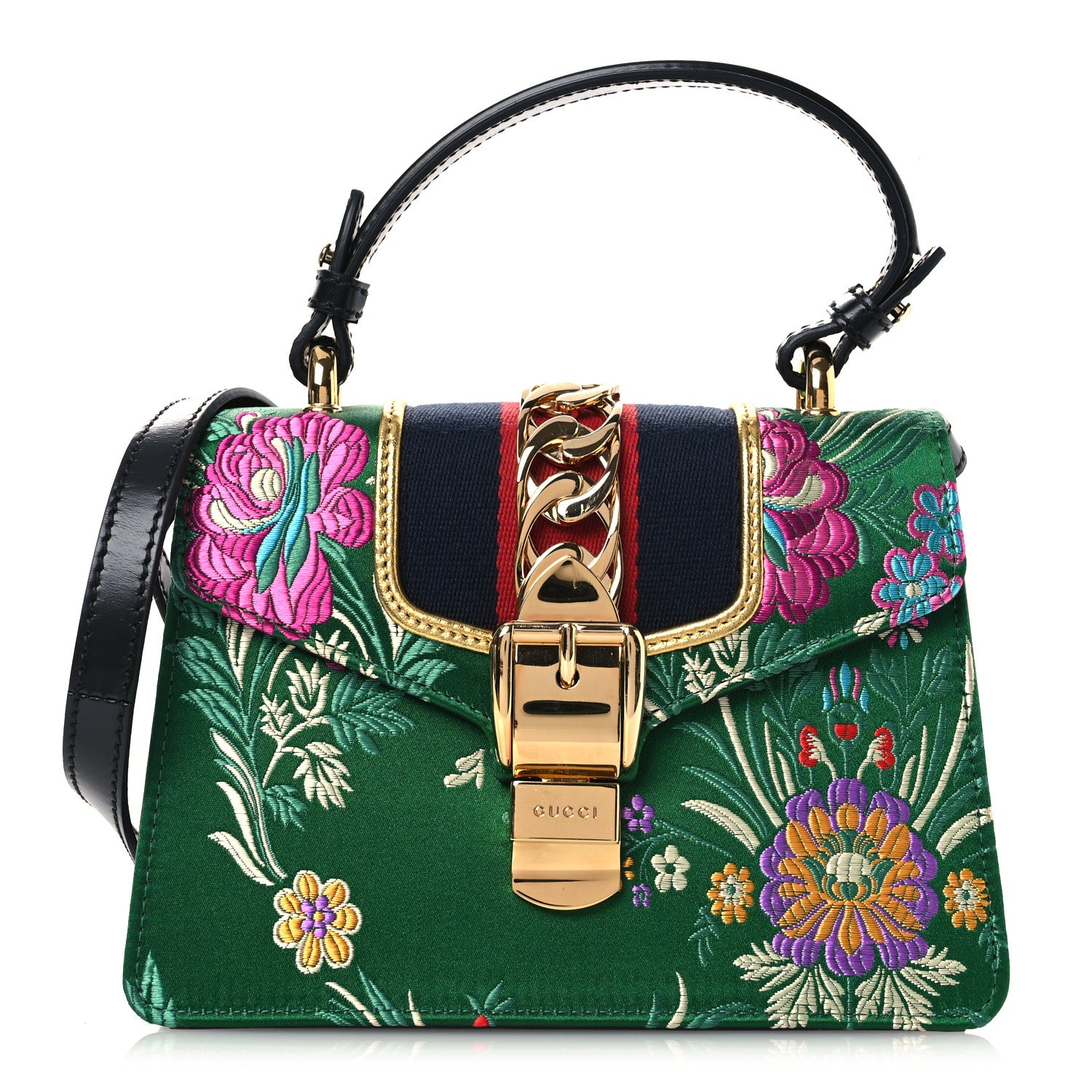 Gucci Jacquard Floral Mini Sylvie Top Handle Bag Green Multicolor Black 1 of 12