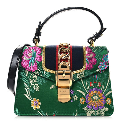 Gucci Jacquard Floral Mini Sylvie Top Handle Bag Green Multicolor Black 1 of 12