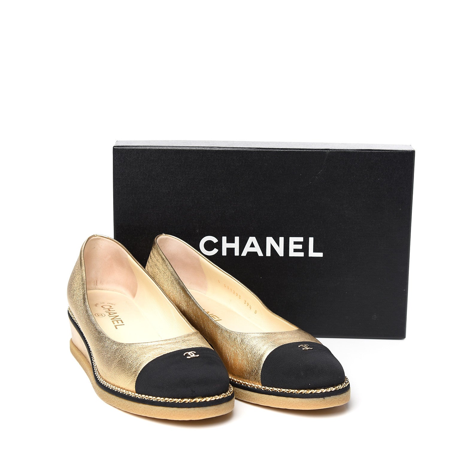 Chanel Lambskin Grosgrain Cap Toe CC Wedge Pumps 39.5 Gold 10 of 10