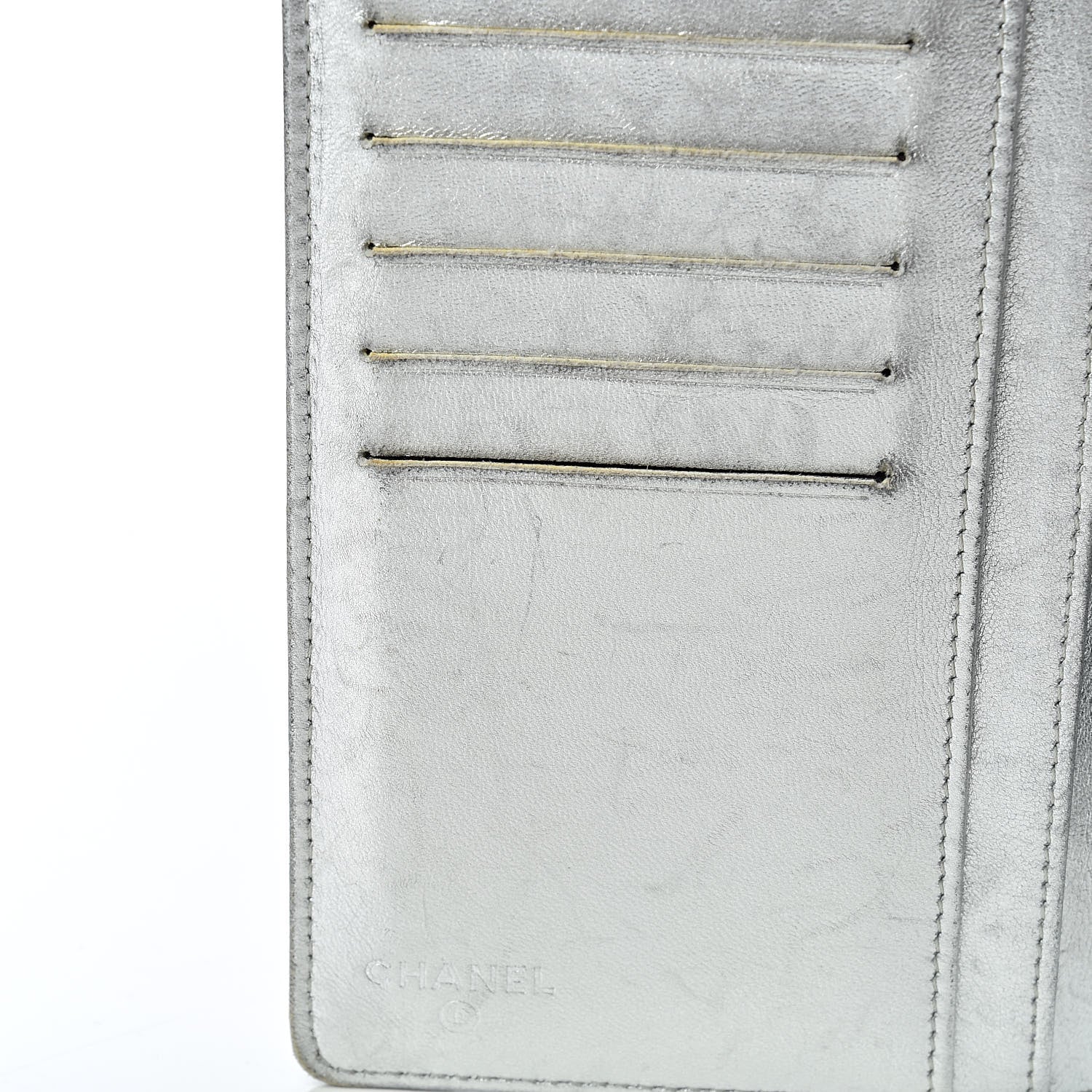 Chanel Metallic Patent Calfskin Quilted Lucky Symbols Yen Wallet Silver 10 of 19
