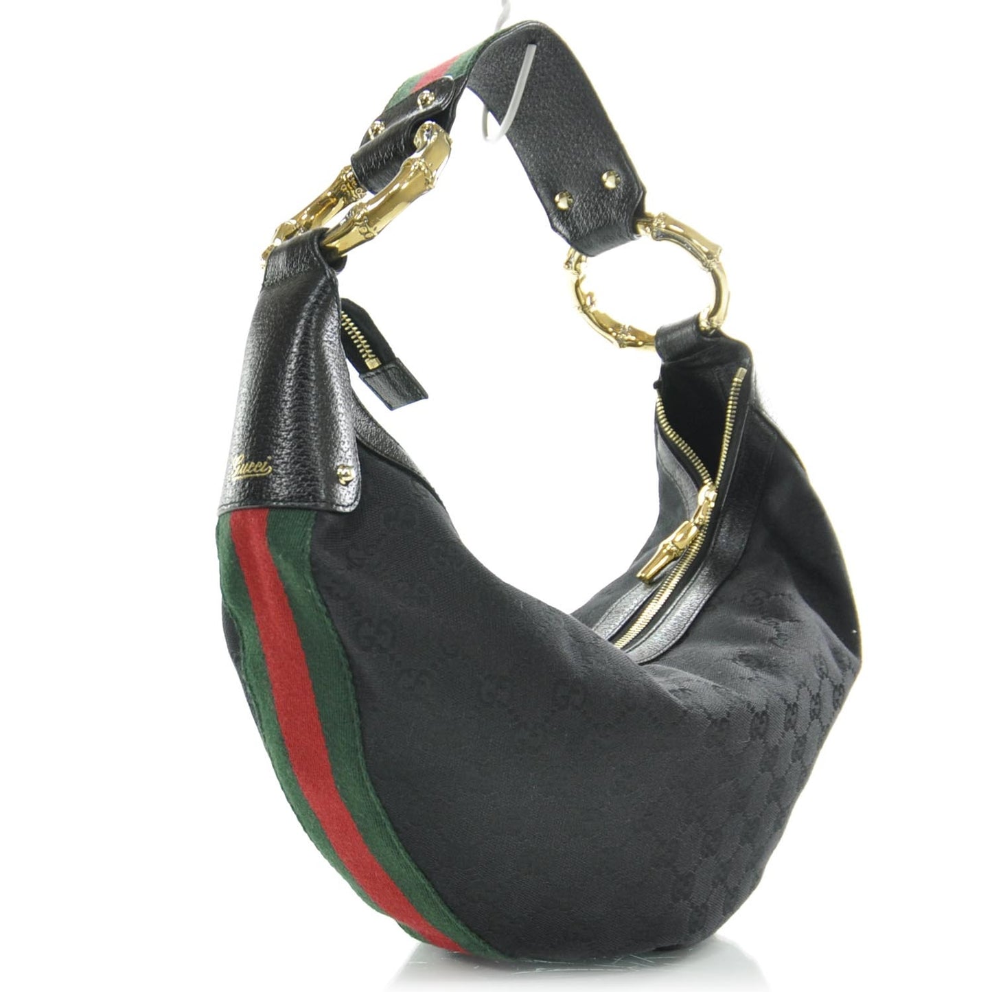 Pebbled Calfskin Web Bamboo Ring Hobo Black