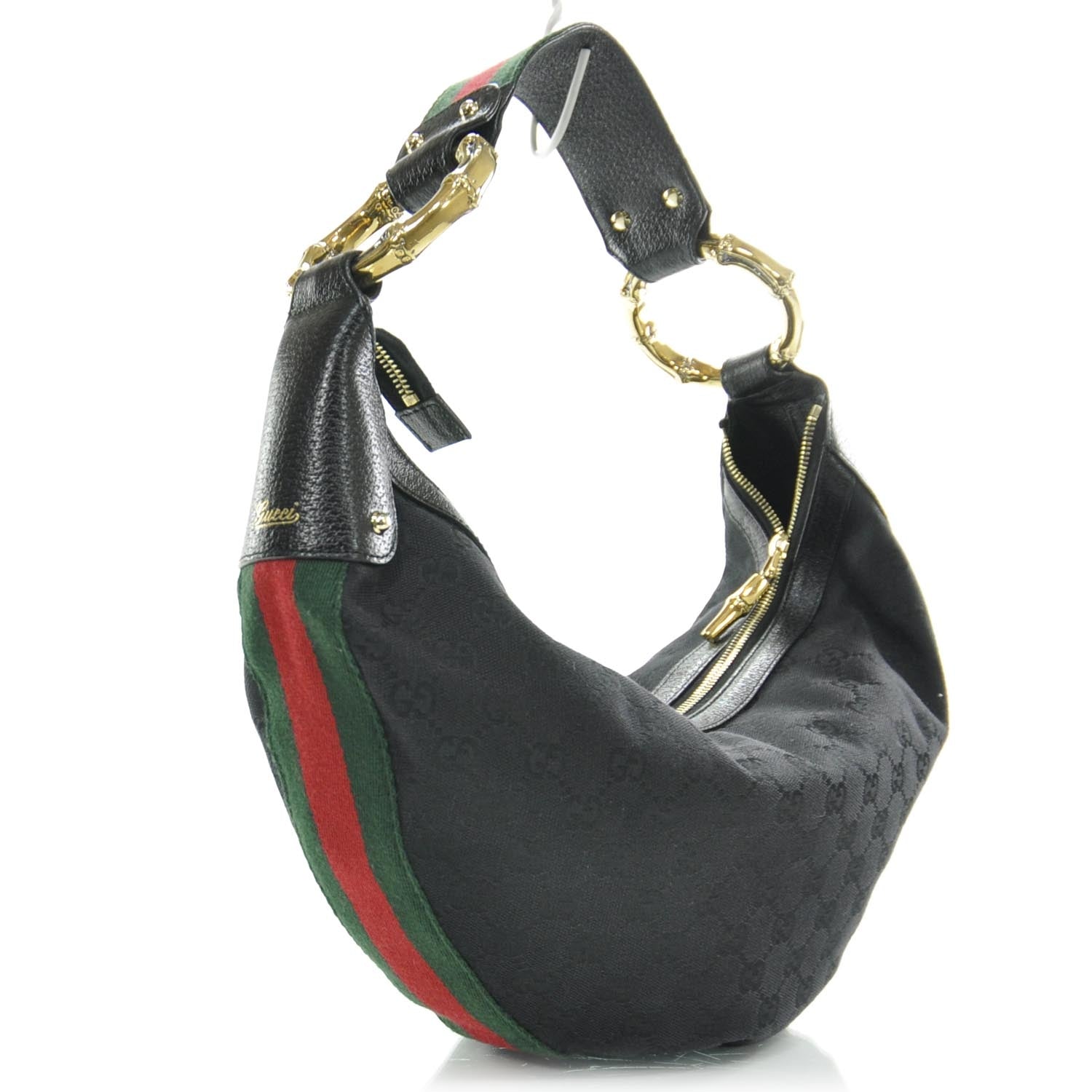 Gucci Pebbled Calfskin Web Bamboo Ring Hobo Black 3 of 8