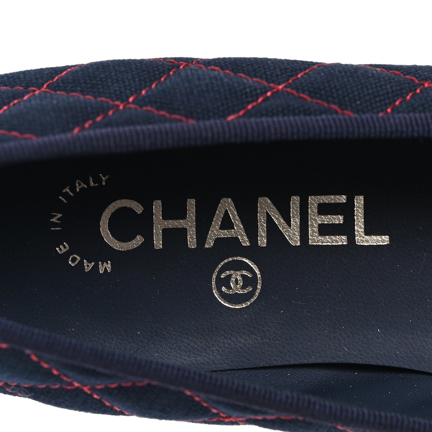 Chanel Canvas Calfskin Quilted Cap Toe CC Ballerina Flats 38.5 Navy Red 9 of 11