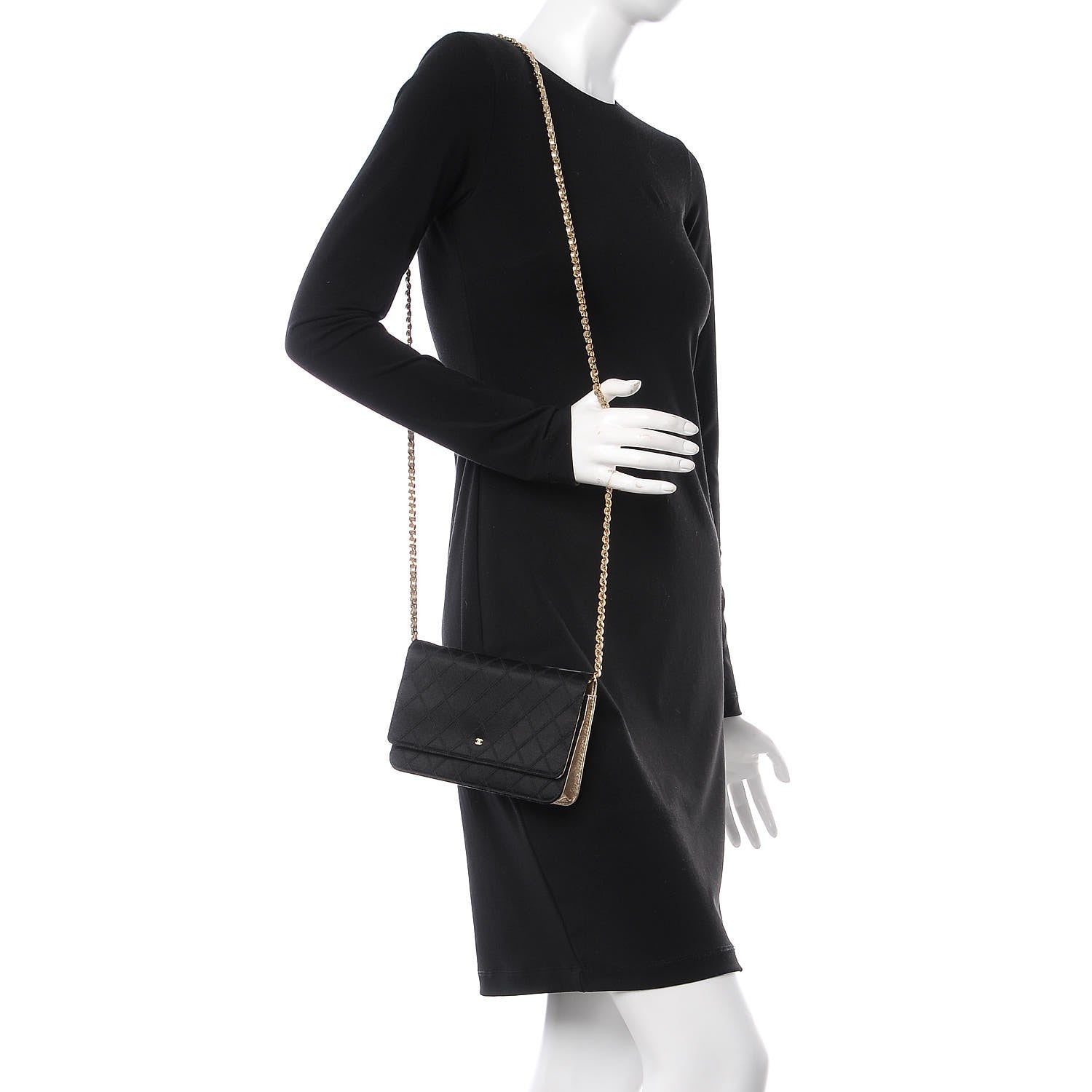 Chanel Satin Diamond Stitch Wallet On Chain WOC Black Gold 2 of 9