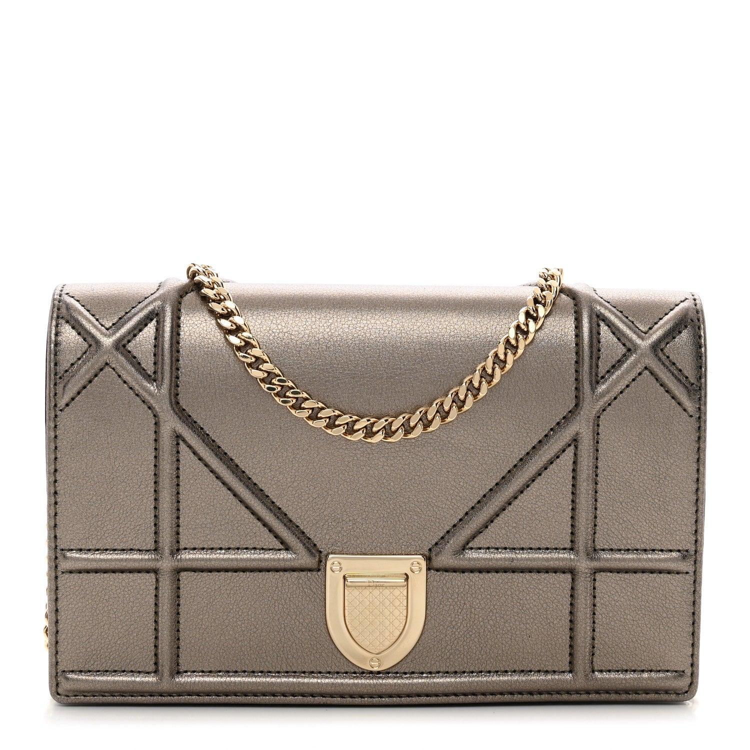 Christian Dior Metallic Calfskin Diorama Wallet on Chain Pouch Black Gold 1 of 9
