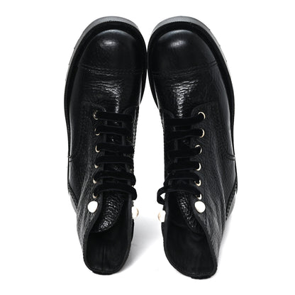 Chanel Shiny Calfskin Velvet Pearl Combat Short Boots 37.5 Black 2 of 9