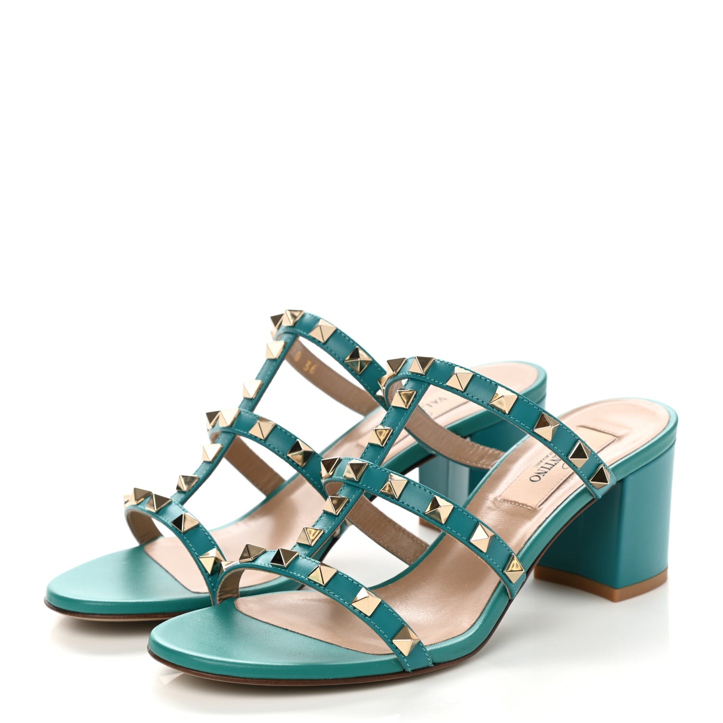 Calfskin Nappa Rockstud 60mm Caged Slide Sandals 36 Ultra Marine Green