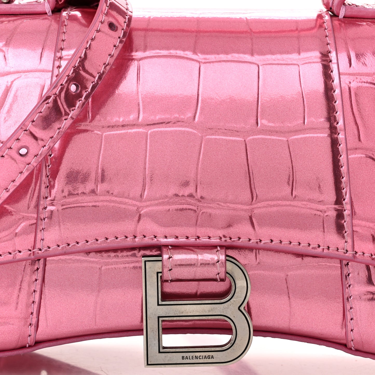Metallic Shiny Calfskin Crocodile Embossed Hourglass Top Handle Bag XS Pink