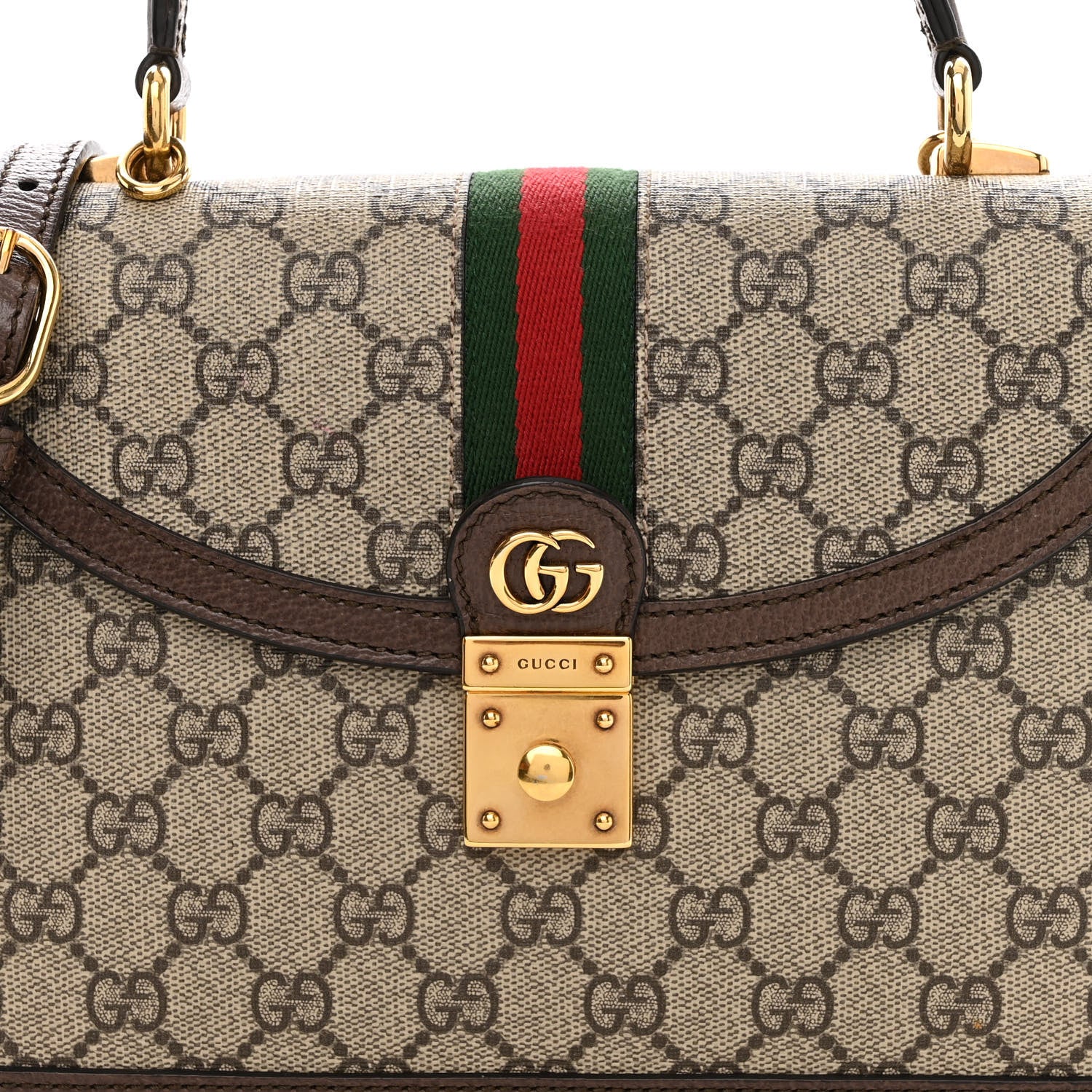Gucci GG Supreme Monogram Textured Dollar Calfskin Web Small Ophidia Padlock Top Handle Bag Beige Ebony New Acero 7 of 11