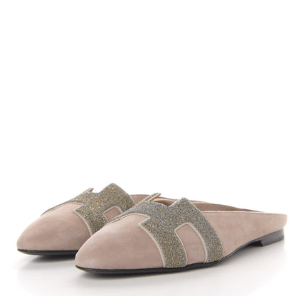 Hermes Suede Goatskin Crystal Roxane Mules 36 Champagne Rose Grey 3 of 11