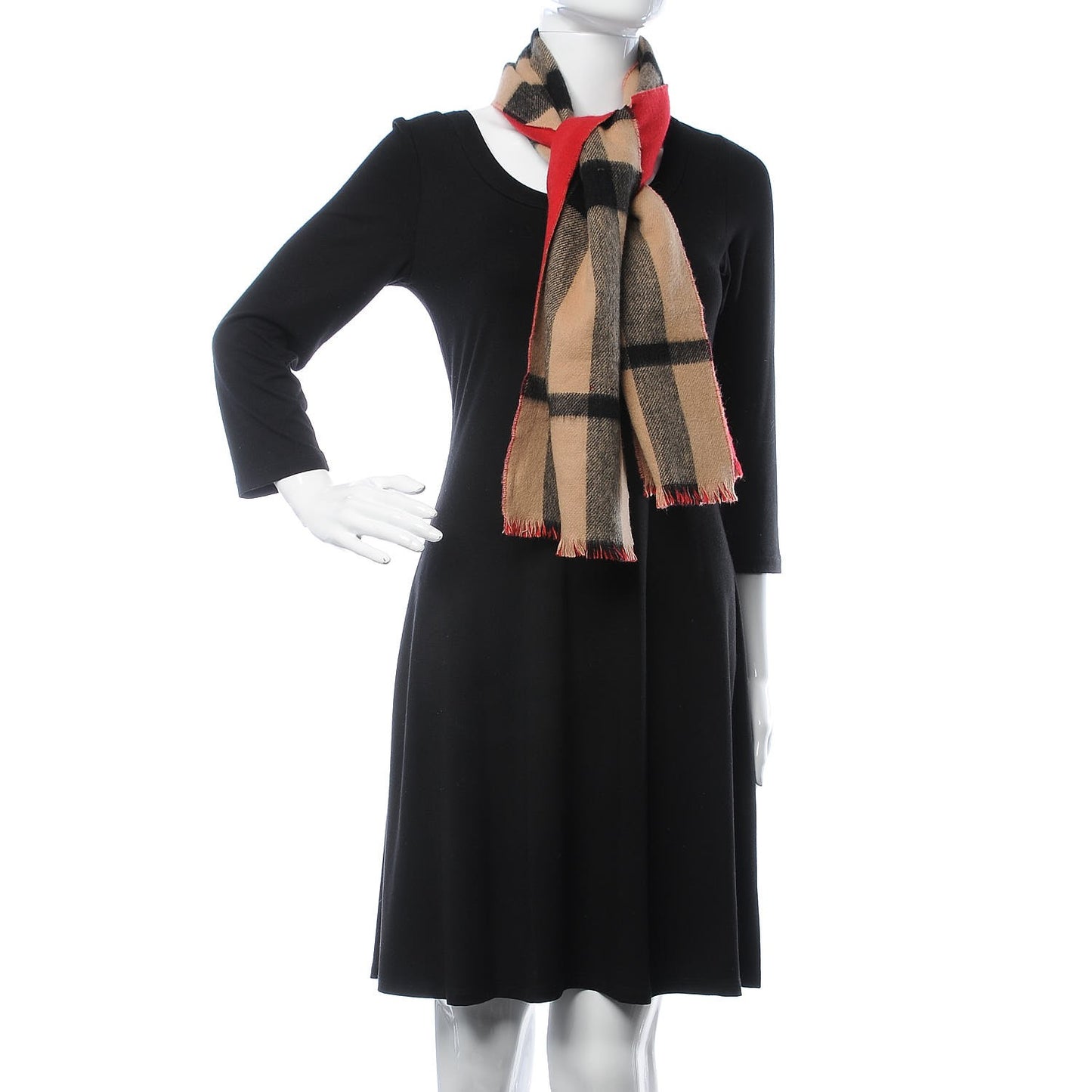 Cashmere Reversible Giant Check Block Fringe Scarf Camel Red