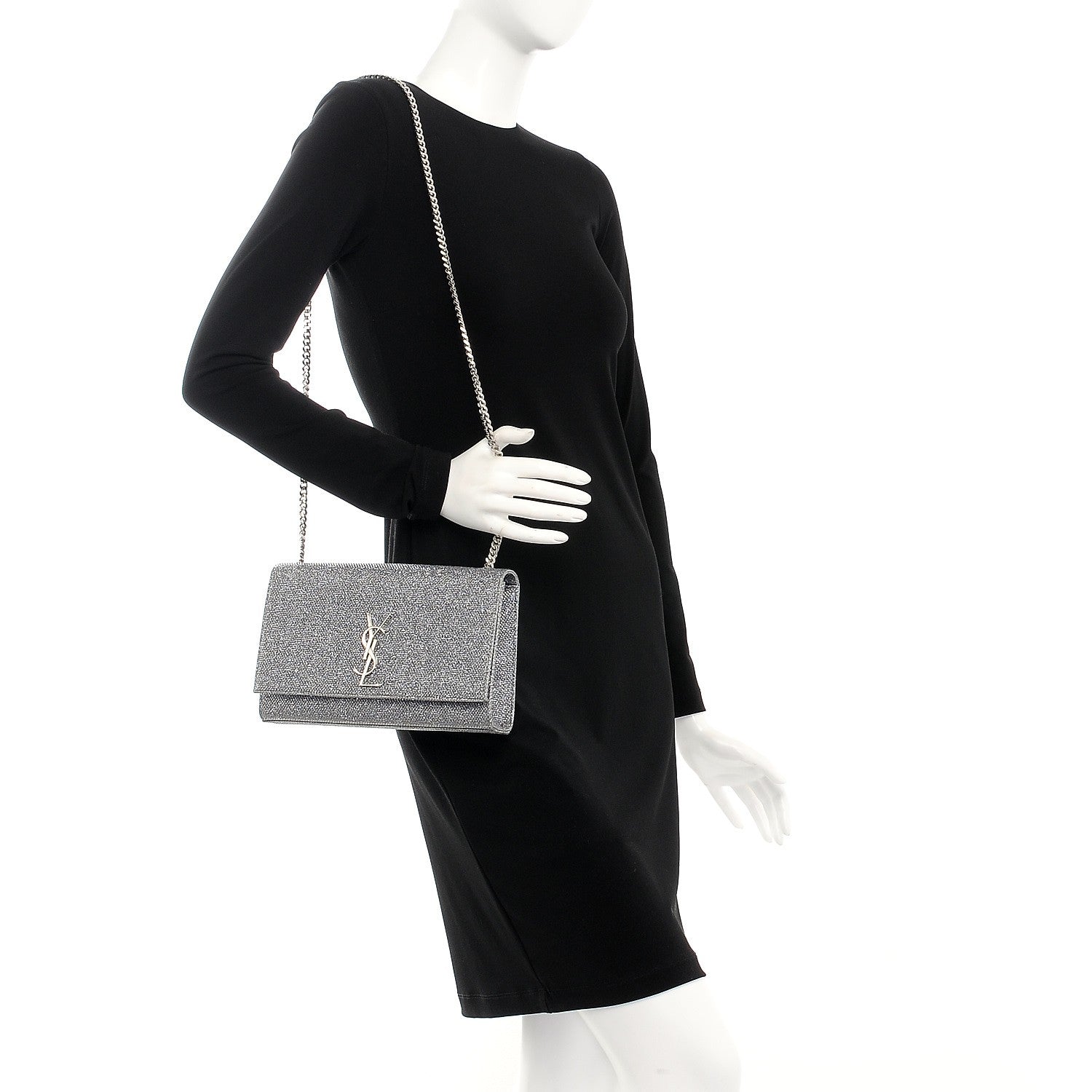 Saint Laurent Metallic Canvas Woven Medium Classic Monogram Kate Satchel Silver 2 of 6