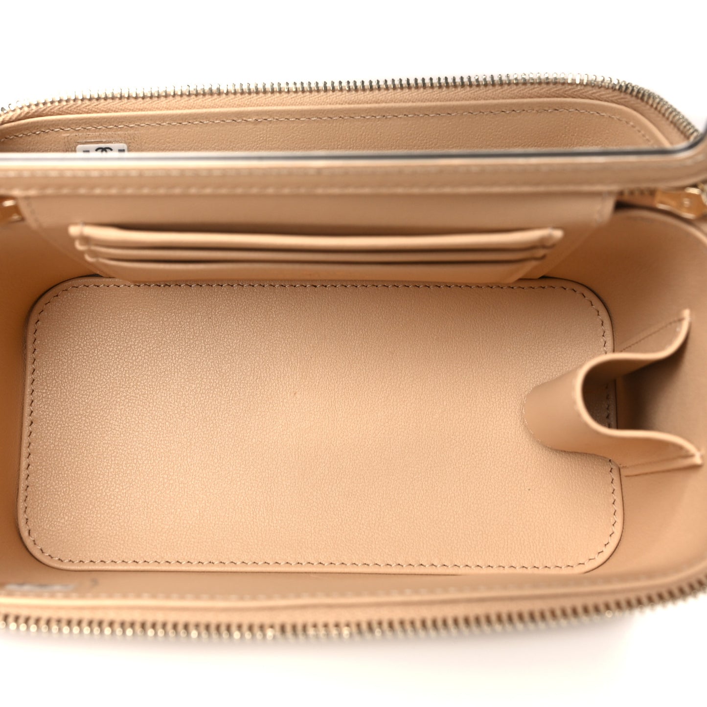 Lambskin Quilted Small Top Handle Vanity Case With Chain Beige