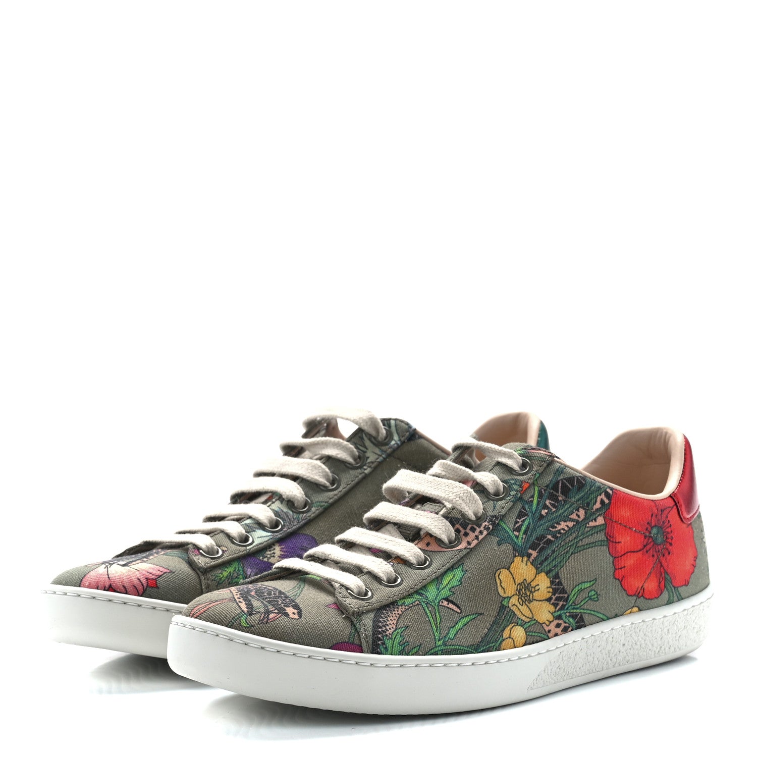 Gucci Canvas Flora Snake Print Womens Ace Sneakers 35.5 Militare Multicolor 3 of 9