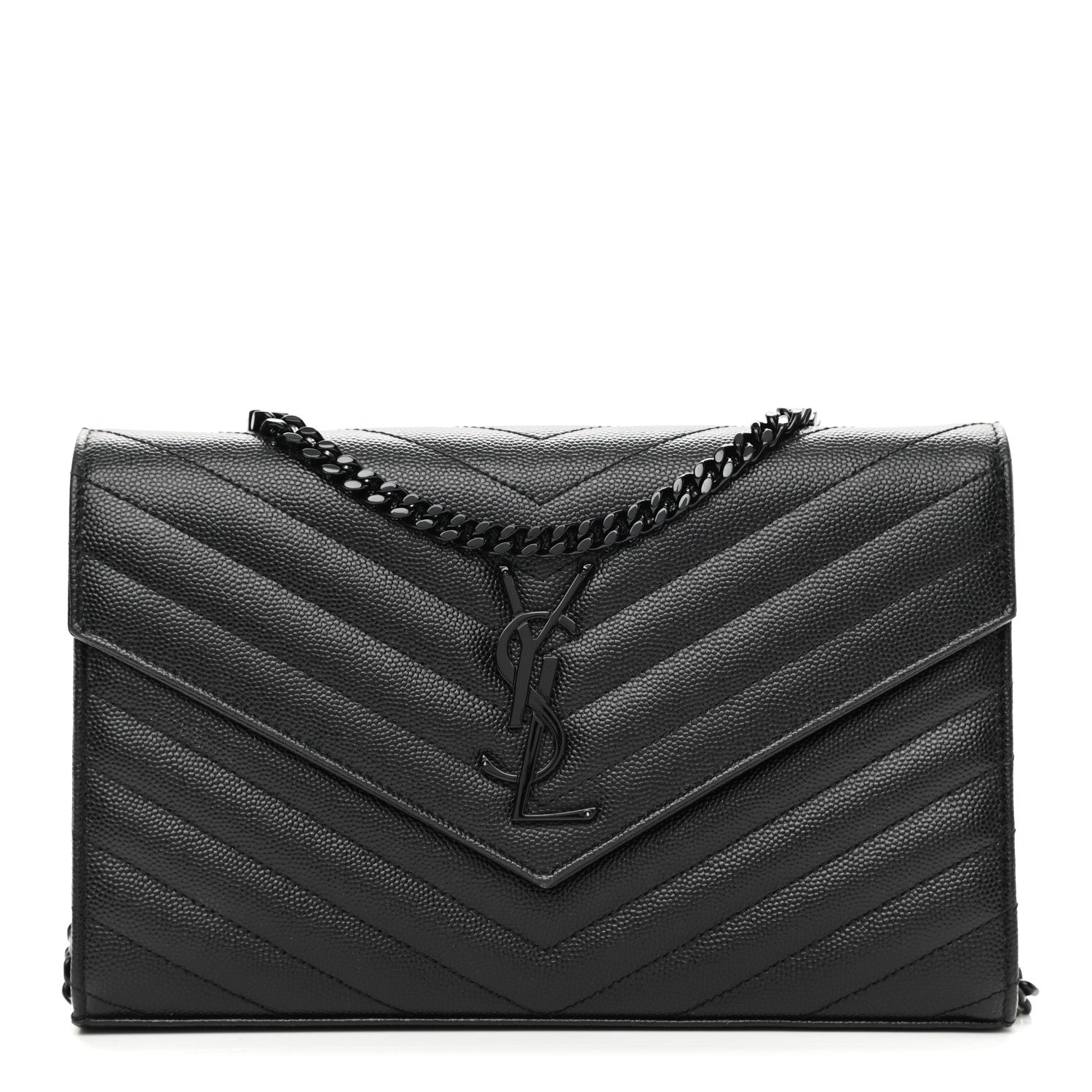 Saint Laurent Grain De Poudre Matelasse Chevron Monogram Chain Wallet Black 1 of 10