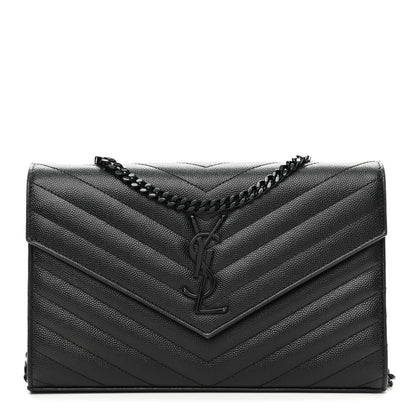 Saint Laurent Grain De Poudre Matelasse Chevron Monogram Chain Wallet Black 1 of 10