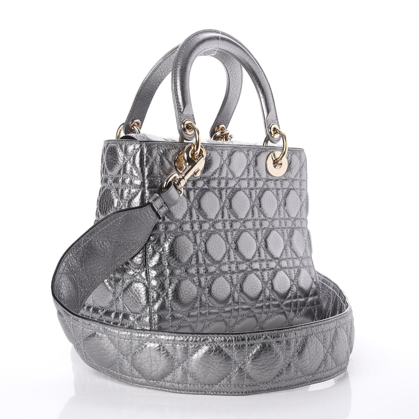 Metallic Grained Calfskin Cannage Medium Supple Lady Dior Silver