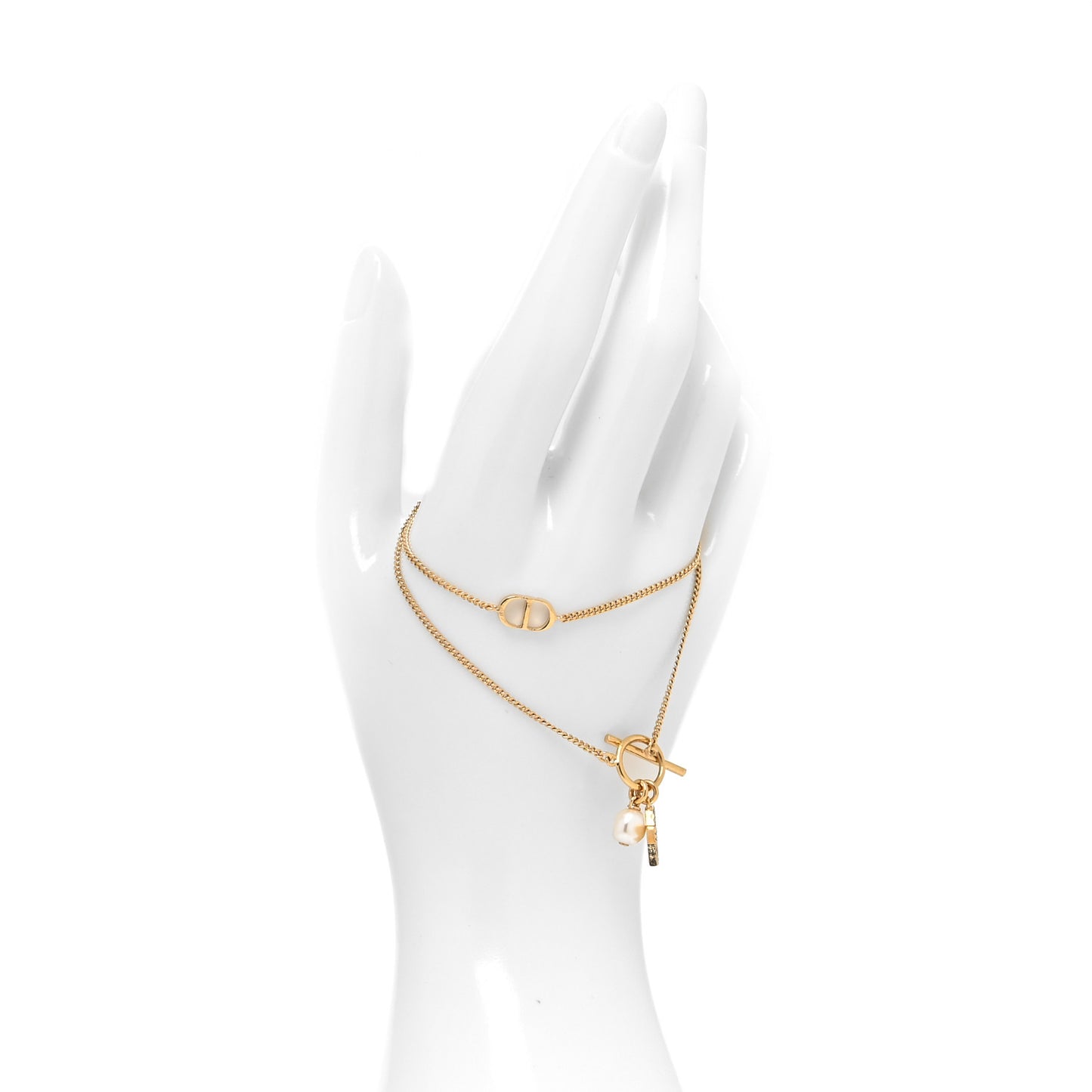 Metal Crystal Pearl Double Tour CD Bracelet Gold