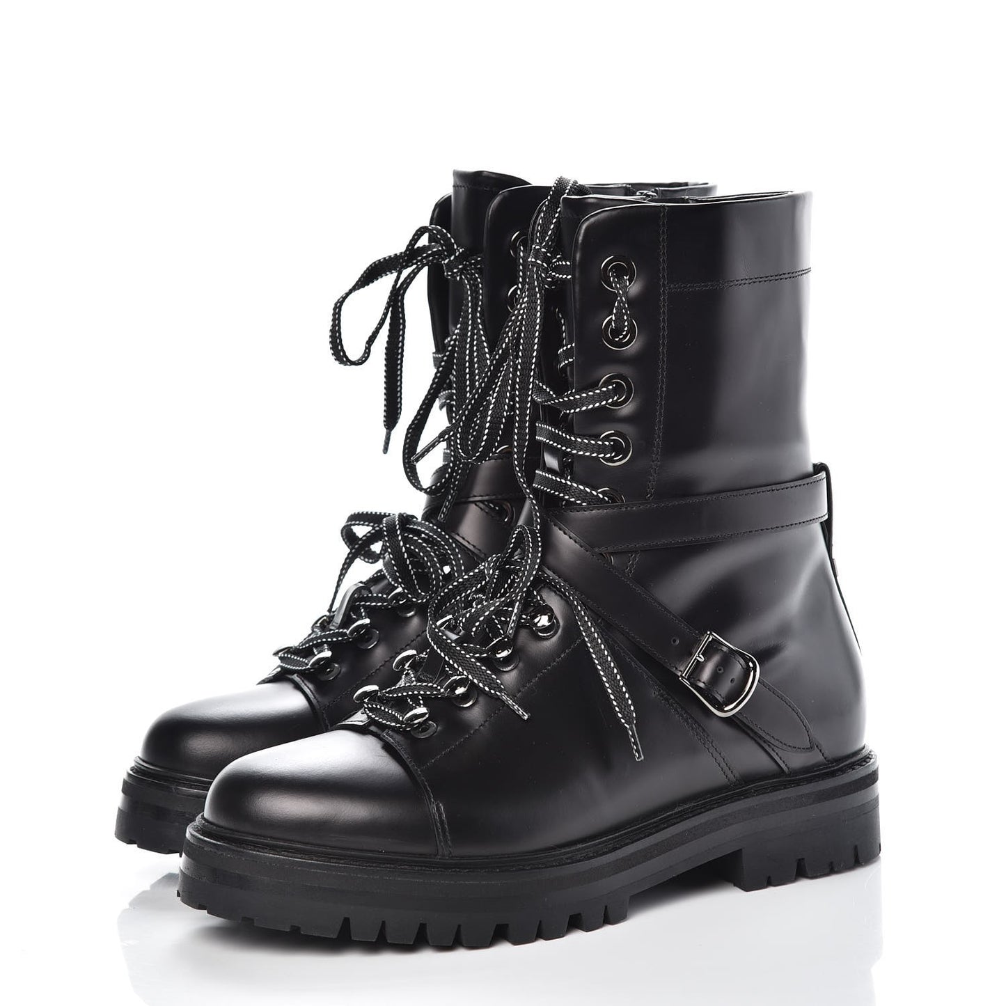 Smooth Calfskin Rockstud Buckled 25mm Combat Boots 38 Black