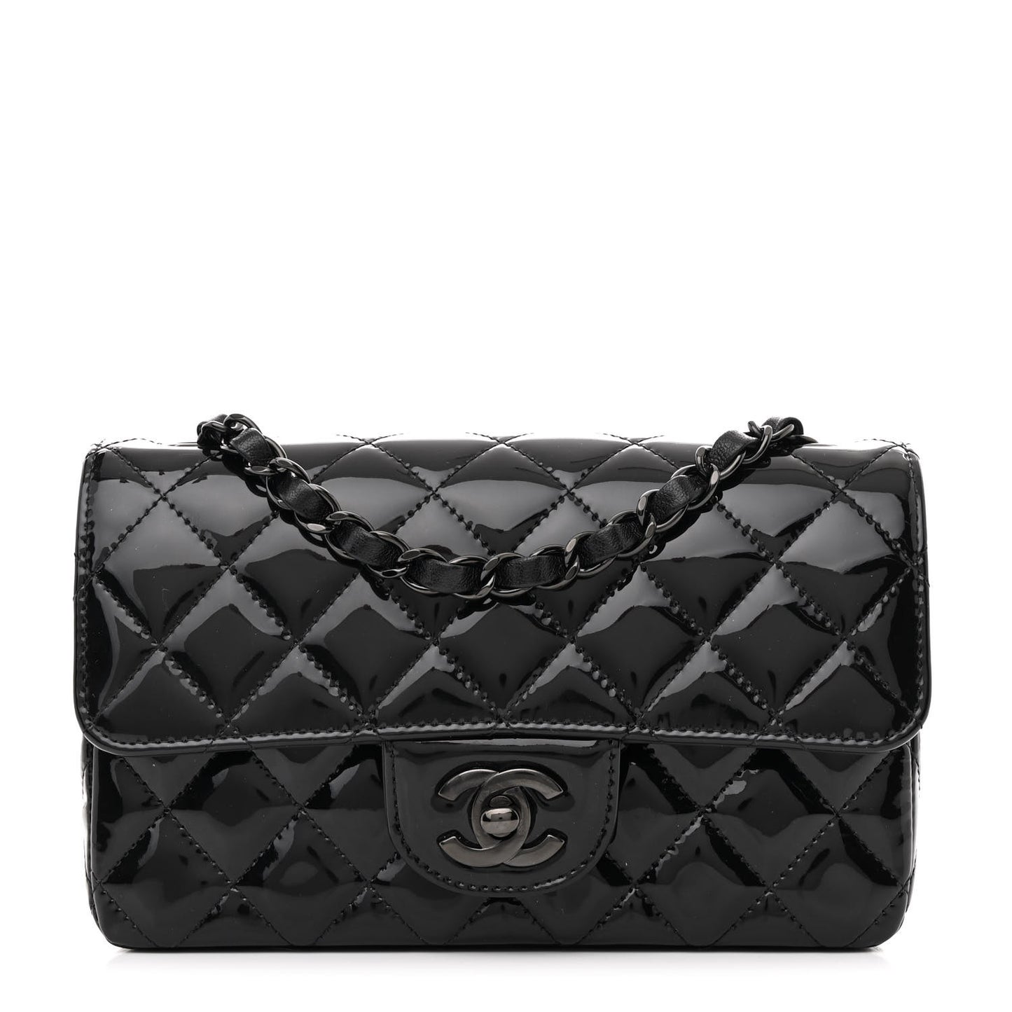 Patent Calfskin Quilted Mini Rectangular Flap So Black