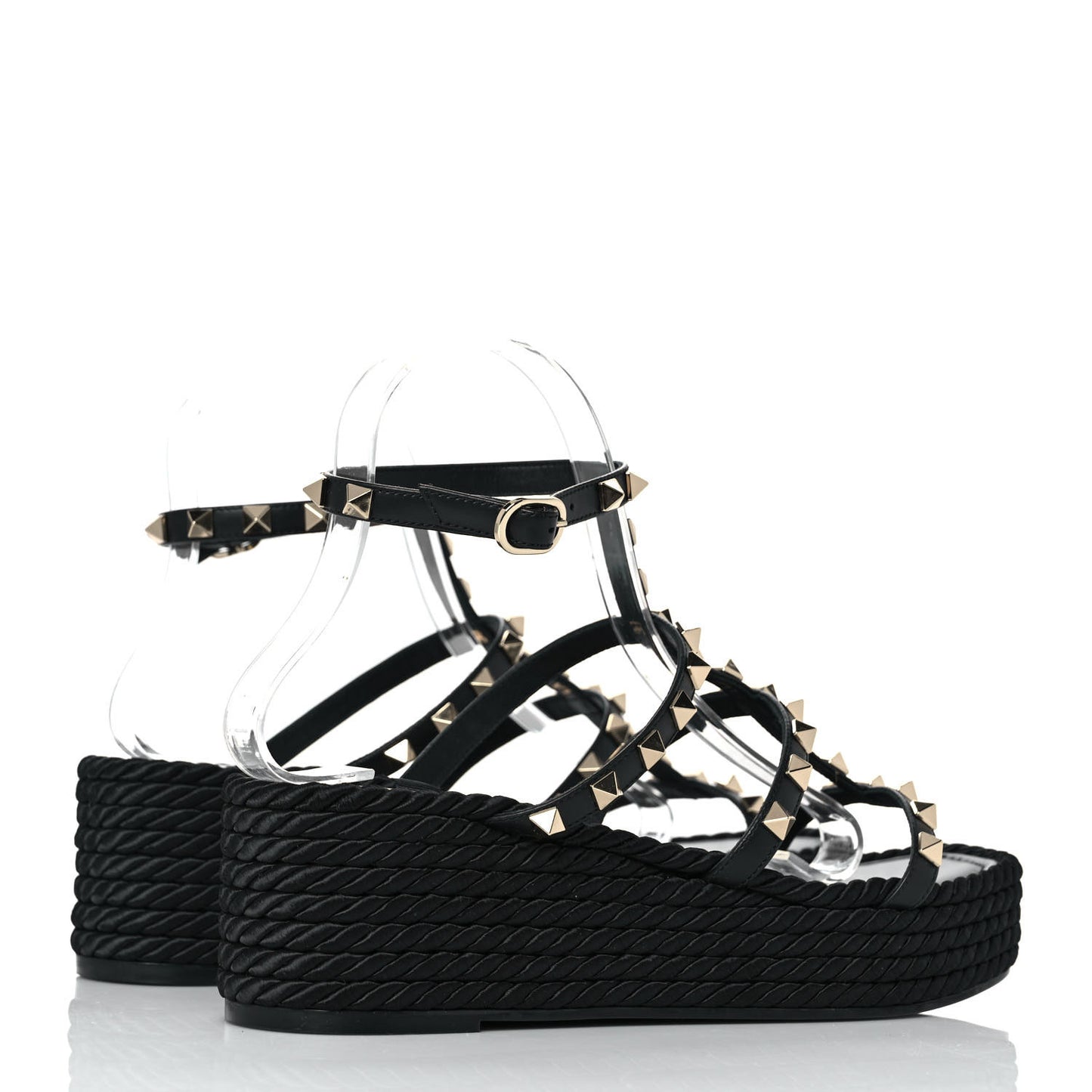 Calfskin Rockstud Ankle Strap Torchon Espadrille Caged 30/55mm Sandals 39 Black
