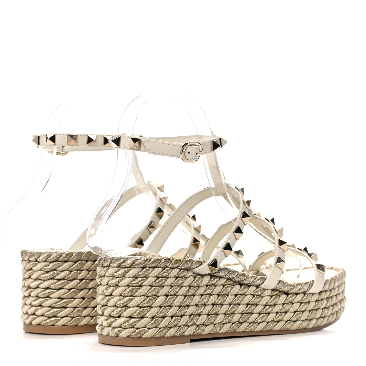 Valentino Garavani Calfskin Rockstud Ankle Strap Torchon Espadrille Caged 30/55mm Sandals 36 Light Ivory 4 of 11