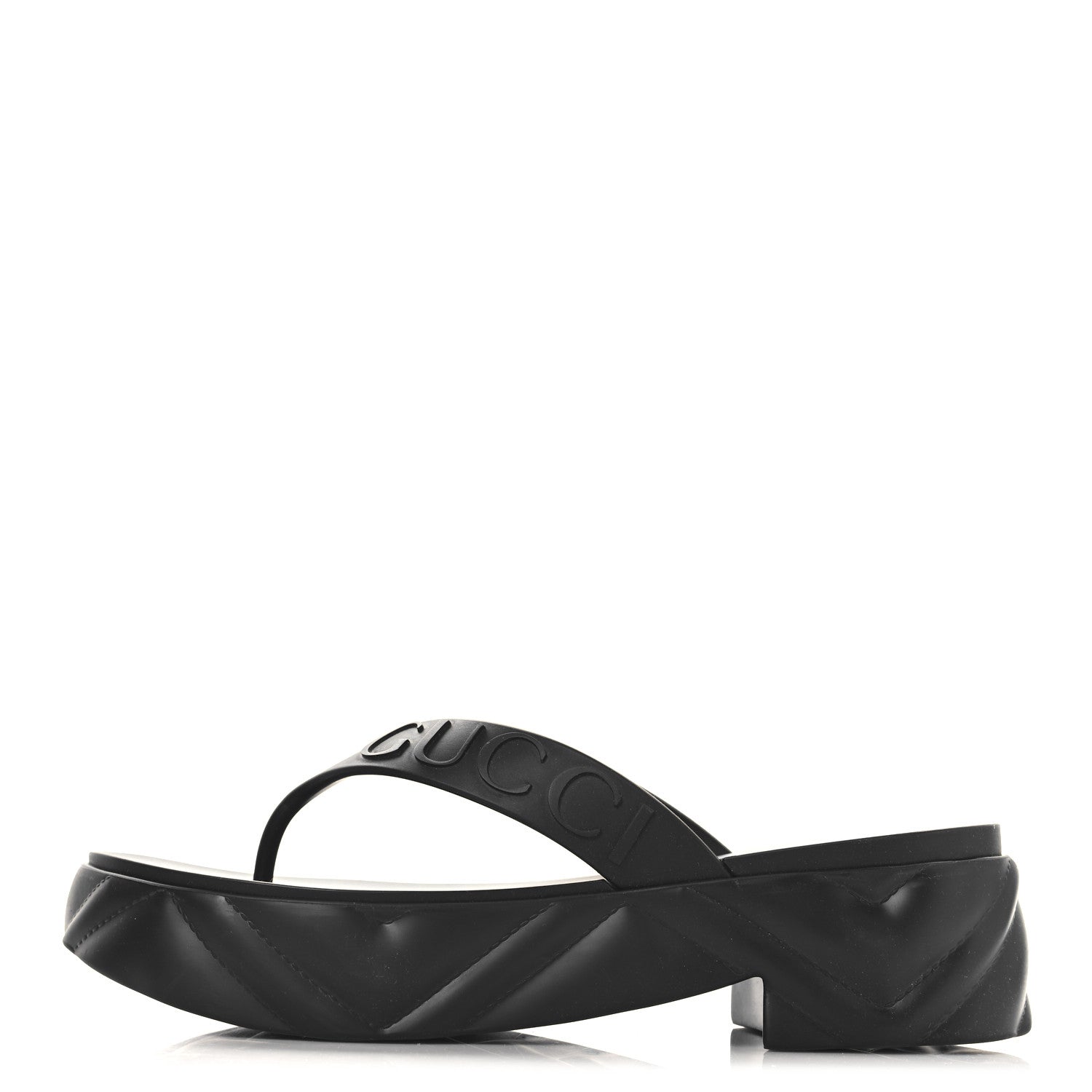 Gucci Rubber Chevron Logo Embossed Womens Thong Platform Sandals 38 Black 1 of 10
