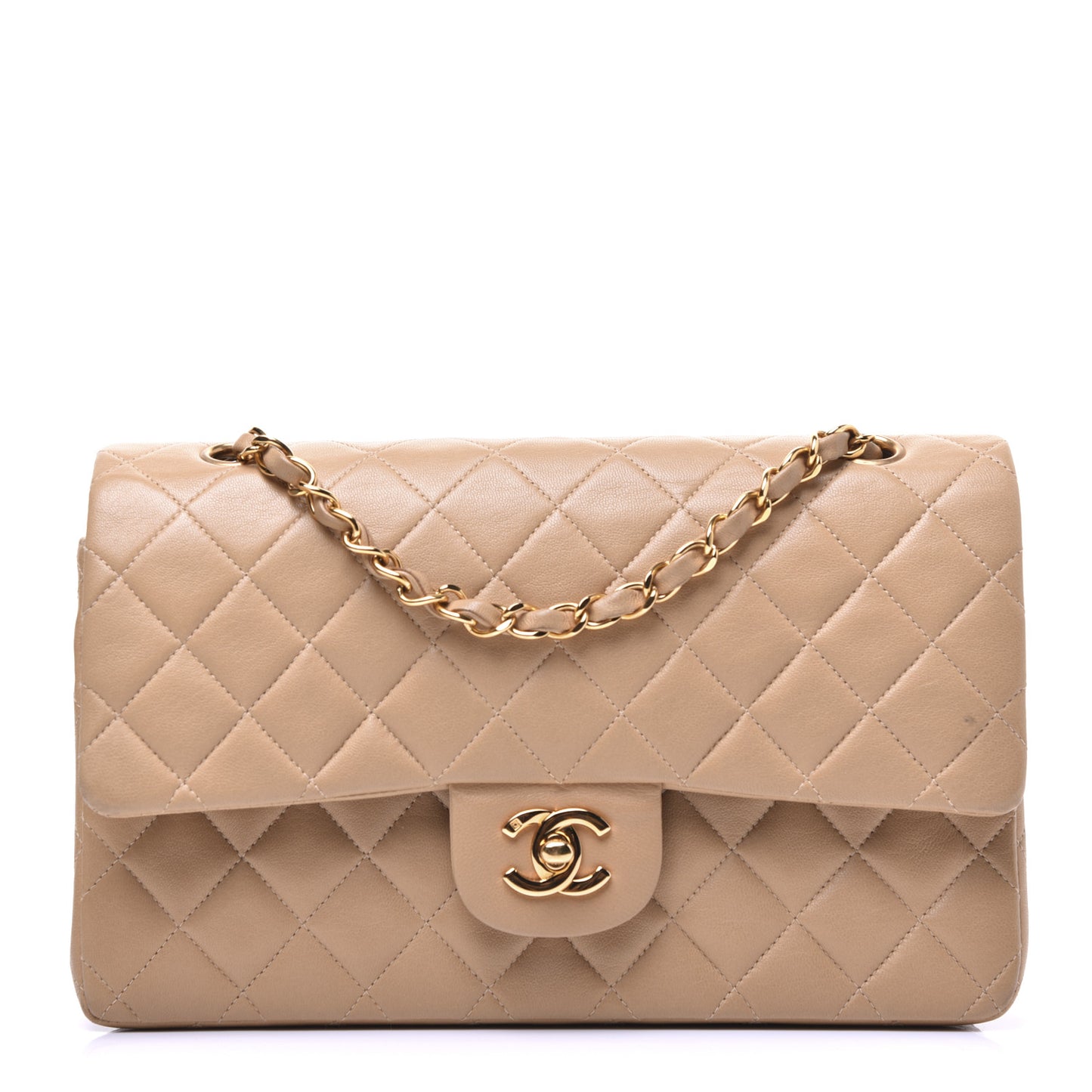 Lambskin Quilted Medium Double Flap Beige