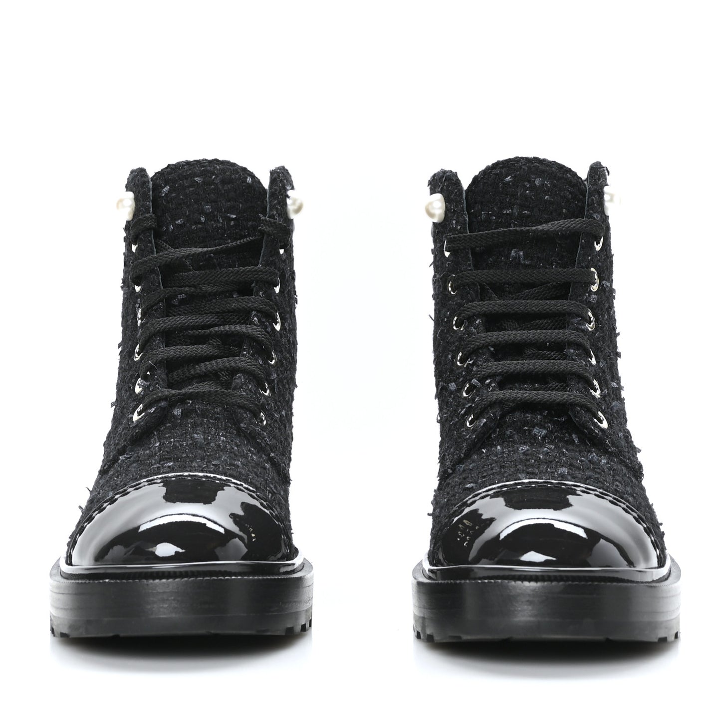Tweed Patent Calfskin Pearl Combat Short Boots 36.5 Black Grey