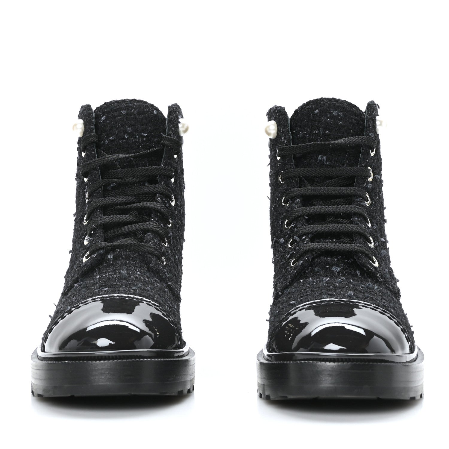 Chanel Tweed Patent Calfskin Pearl Combat Short Boots 36.5 Black Grey 2 of 7