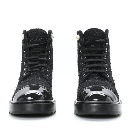 Chanel Tweed Patent Calfskin Pearl Combat Short Boots 36.5 Black Grey 2 of 7
