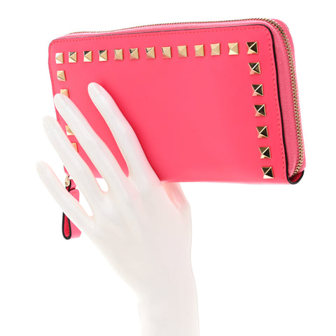 Calfskin Rockstud Zip Around Wallet  Fuxia Fluo