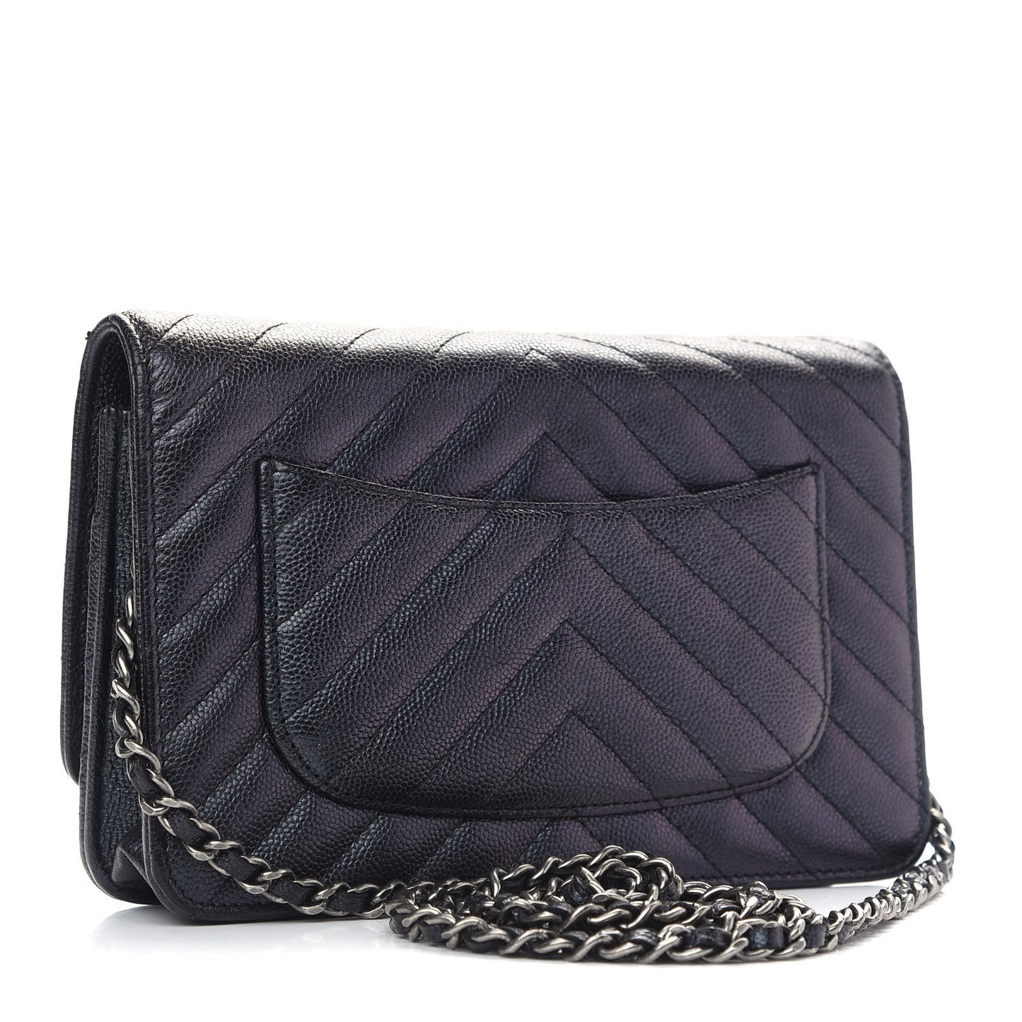 Iridescent Caviar Chevron Quilted Wallet On Chain WOC Black