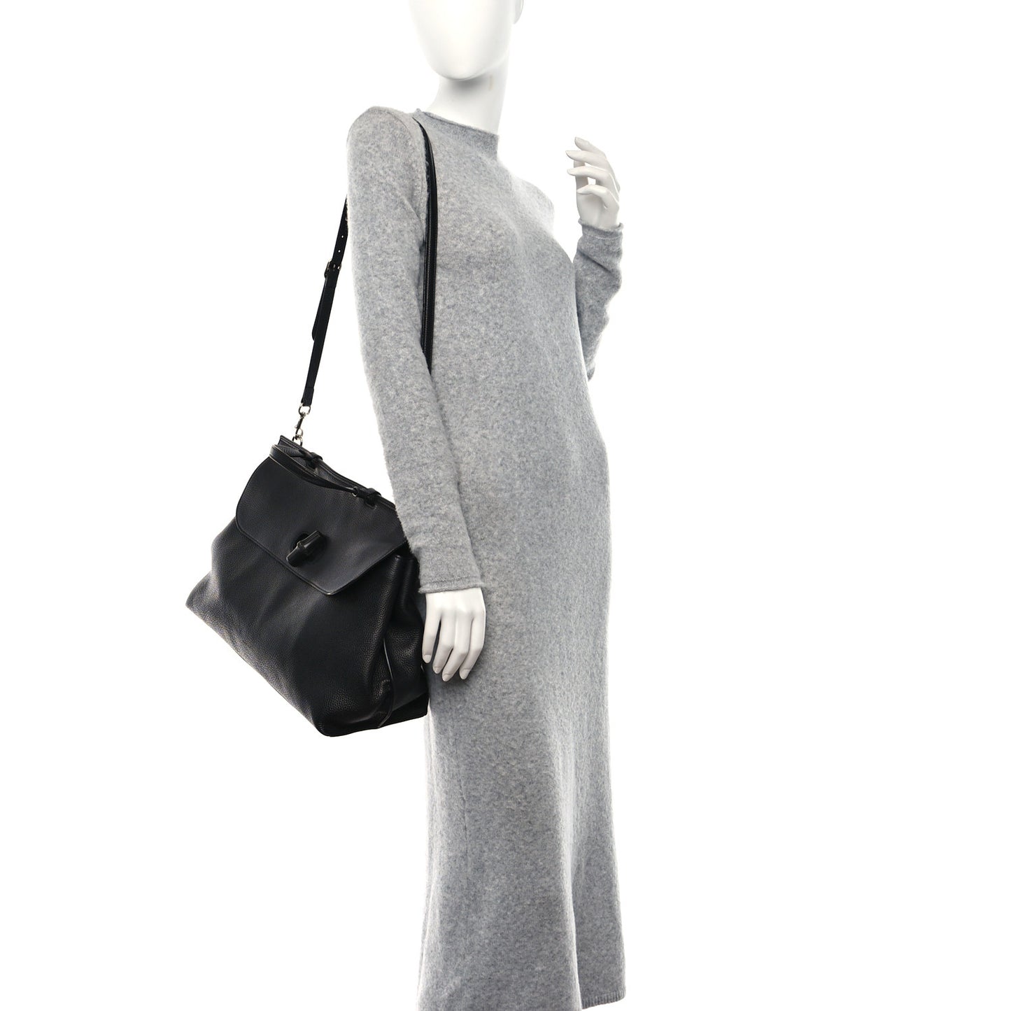 Pebbled Calfskin Large Bamboo Daily Top Handle Bag Black