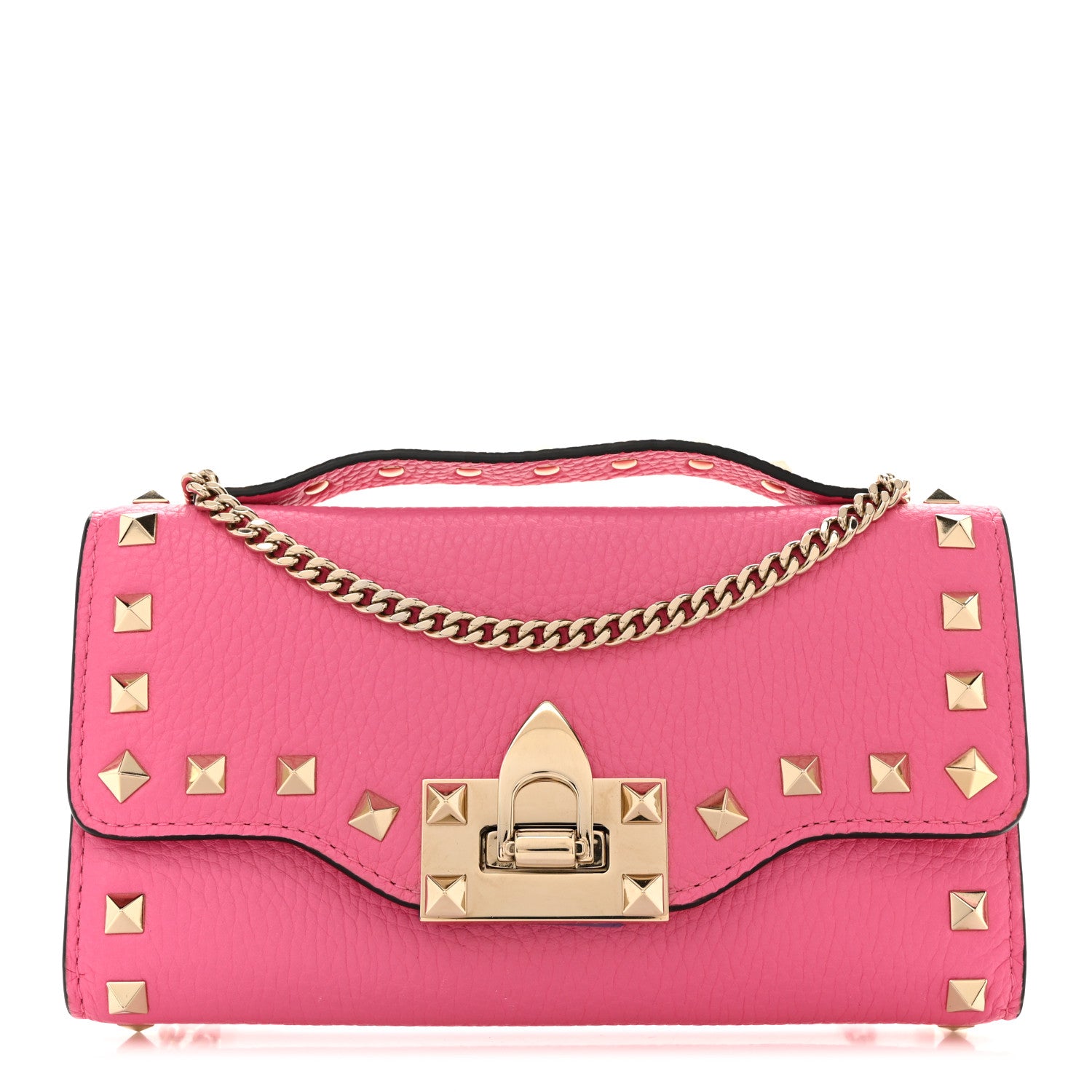 Valentino Garavani Pebbled Calfskin Rockstud Flip Lock Wallet On Chain Feminine Pink 2 of 19