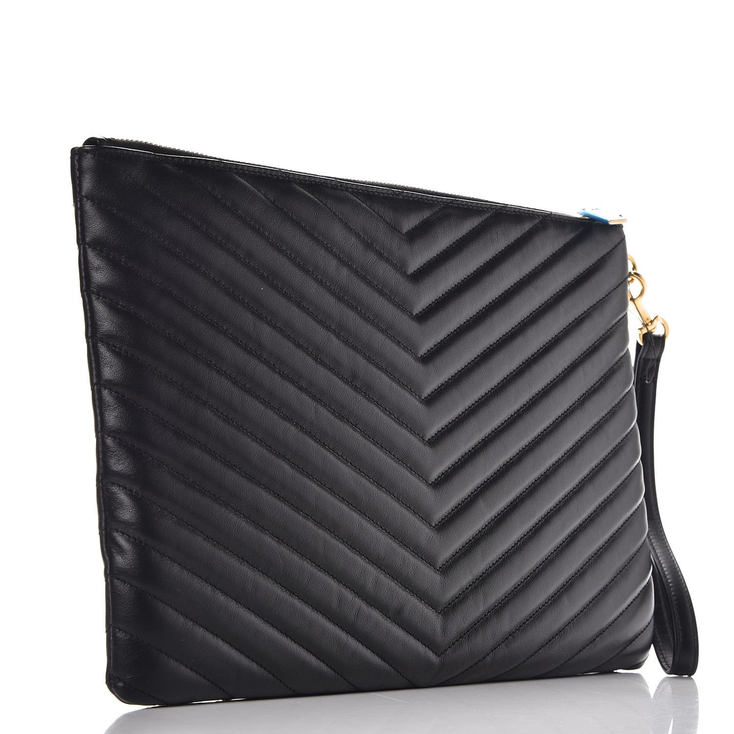 Calfskin Matelasse Chevron Monogram Zip A4 Pouch Black