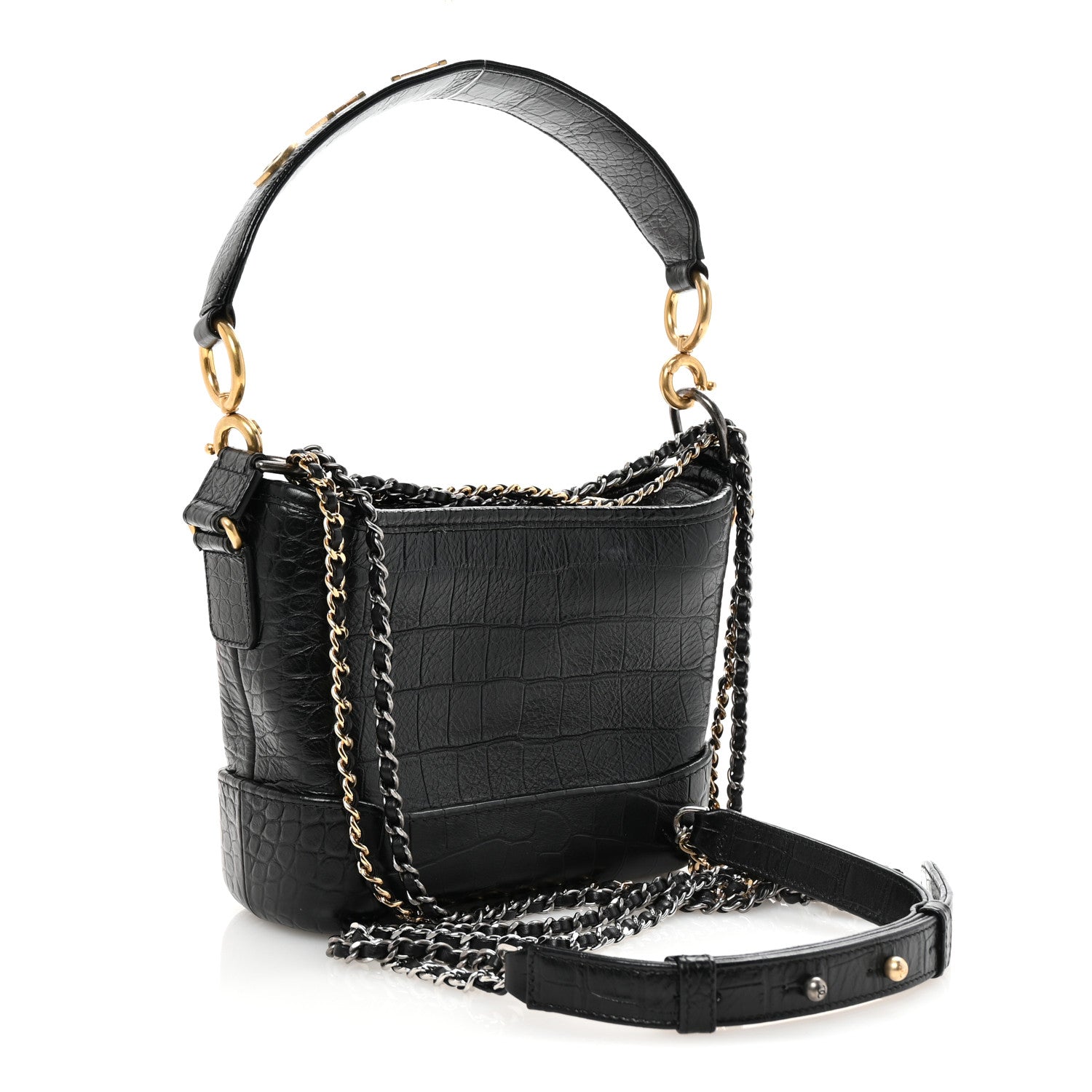 Chanel Calfskin Crocodile Embossed Small Gabrielle Cocodile Hobo Black 3 of 10