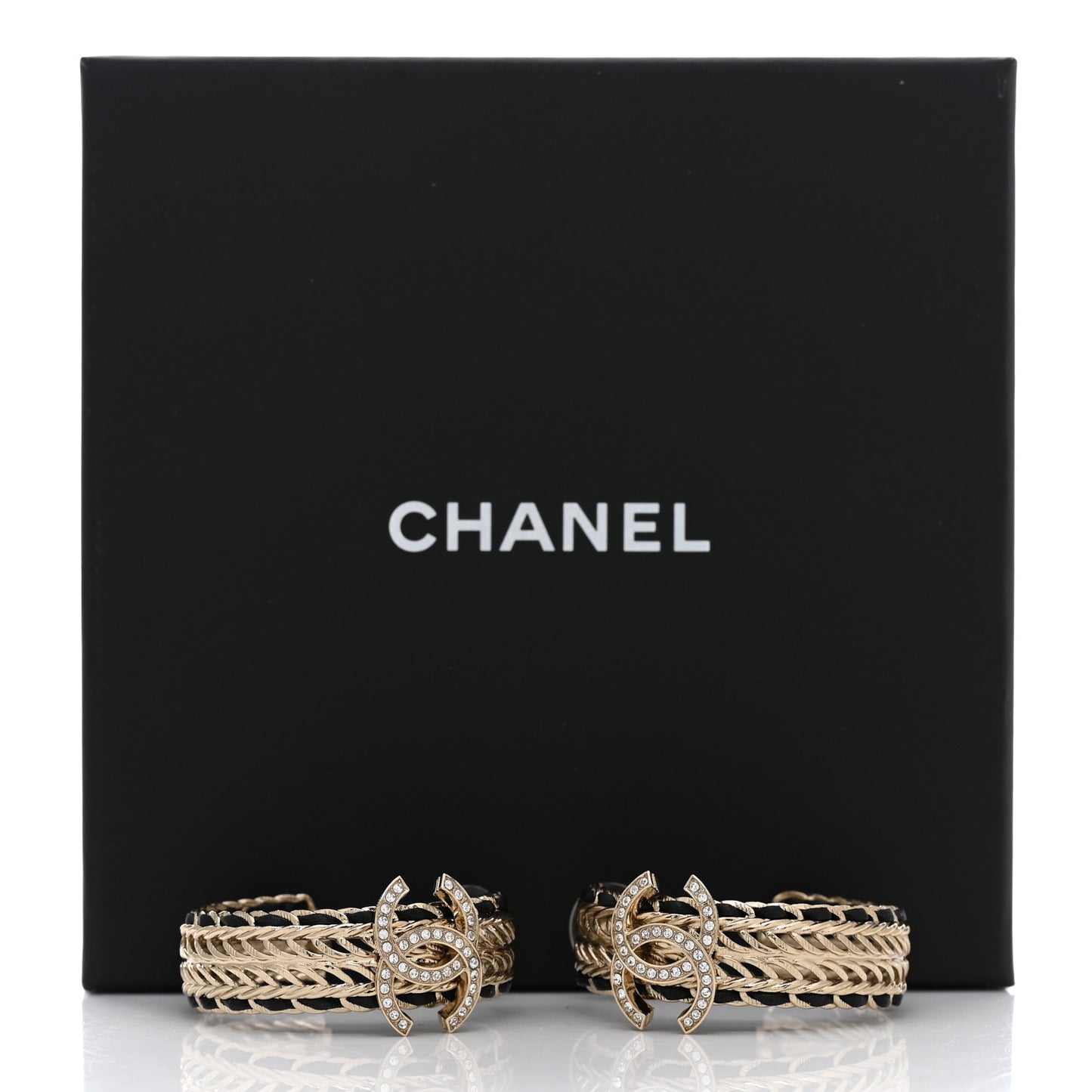 Crystal Lambskin CC Chain Hoop Earrings Gold Black