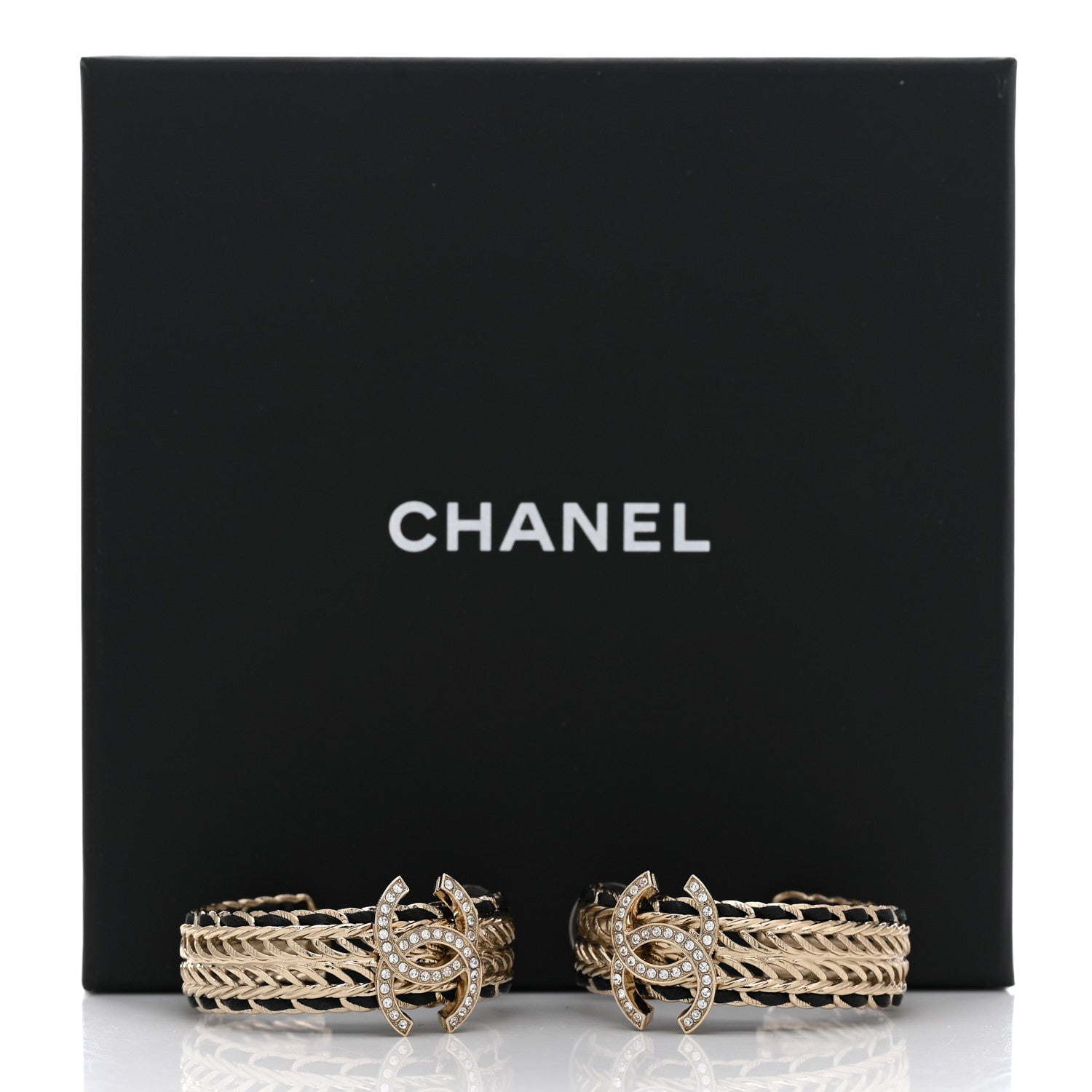 Chanel Crystal Lambskin CC Chain Hoop Earrings Gold Black 5 of 5