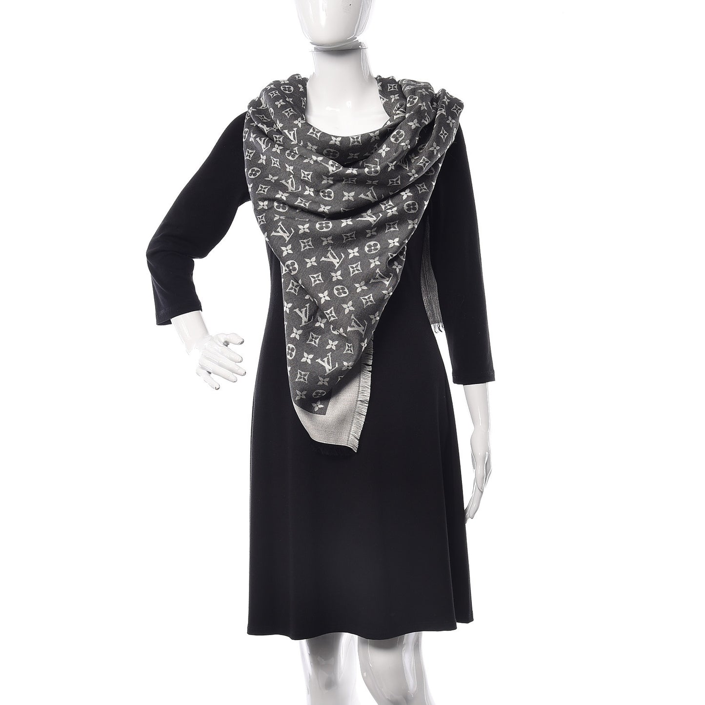 Wool Silk Monogram Denim Shawl Black