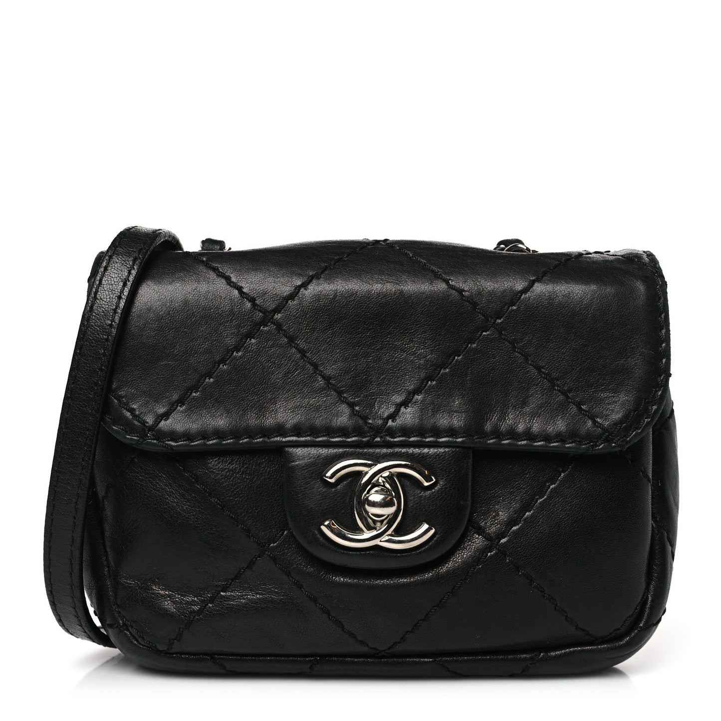 Lambskin Small Stitched Mini Flap Black